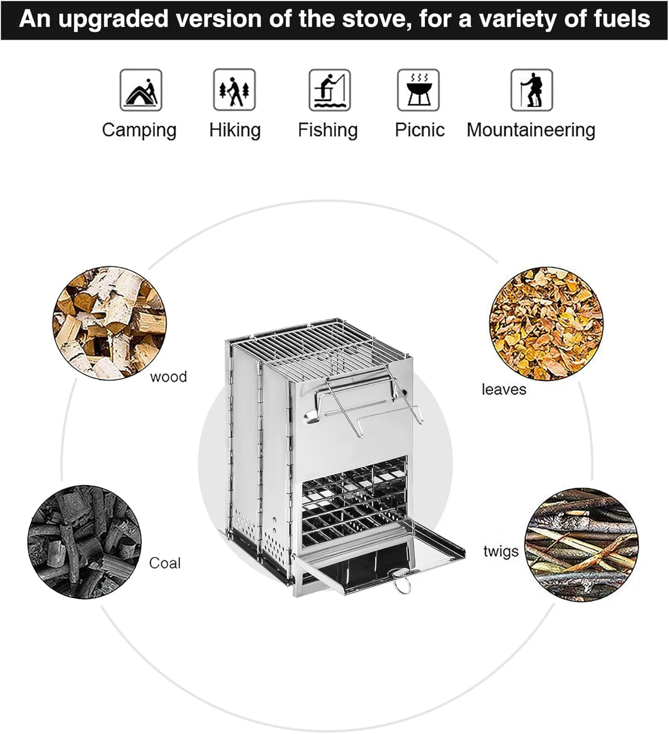REDCAMP Wood Burning Folding Camp Stove Stainless Steel Grill, Extra High Portable Collapsible Backpacking Stove Survival Rocket Stove for Hiking Outdoor Tent Camping Picnic BBQ, Large