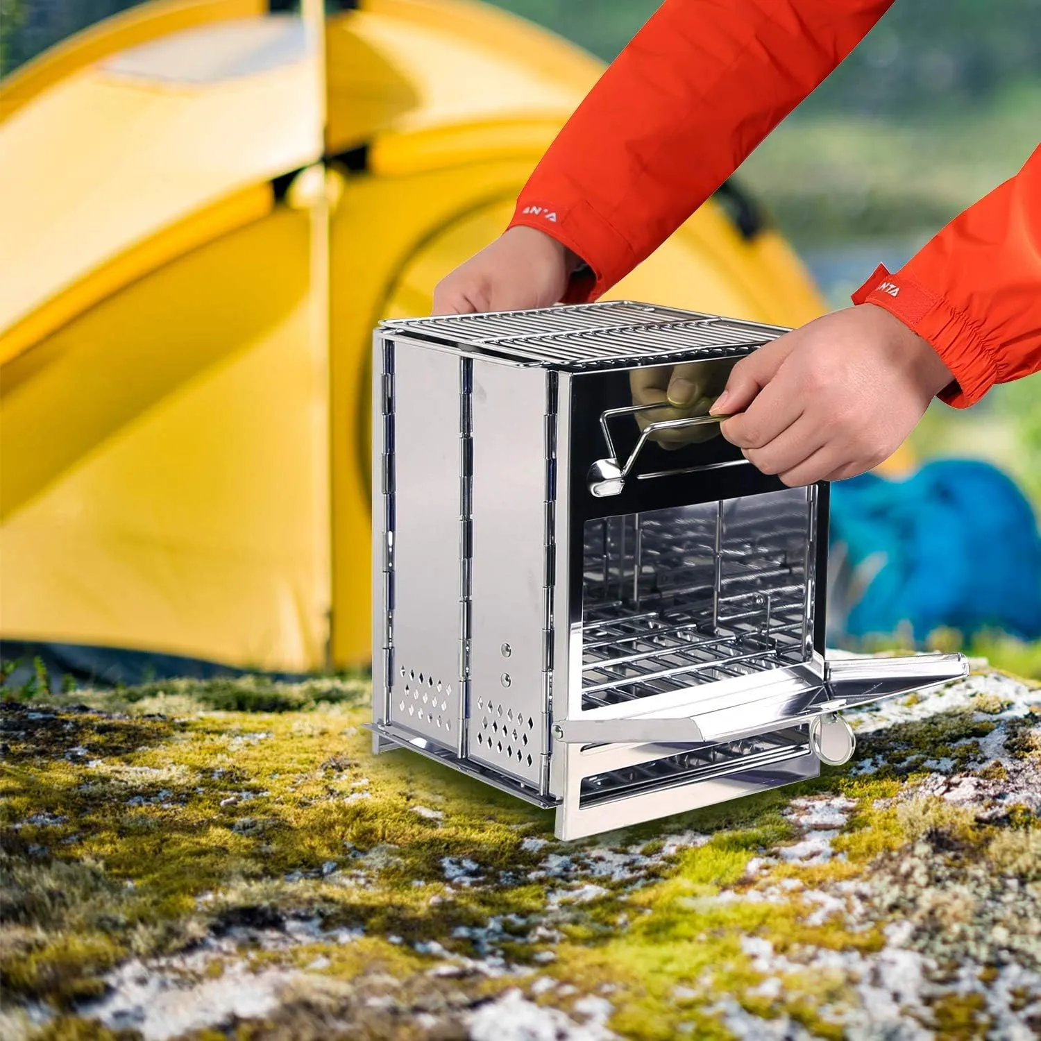 REDCAMP Wood Burning Folding Camp Stove Stainless Steel Grill, Portable Collapsible Backpacking Stove Survival Rocket Stove for Hiking Outdoor Tent Camping Picnic BBQ, Large
