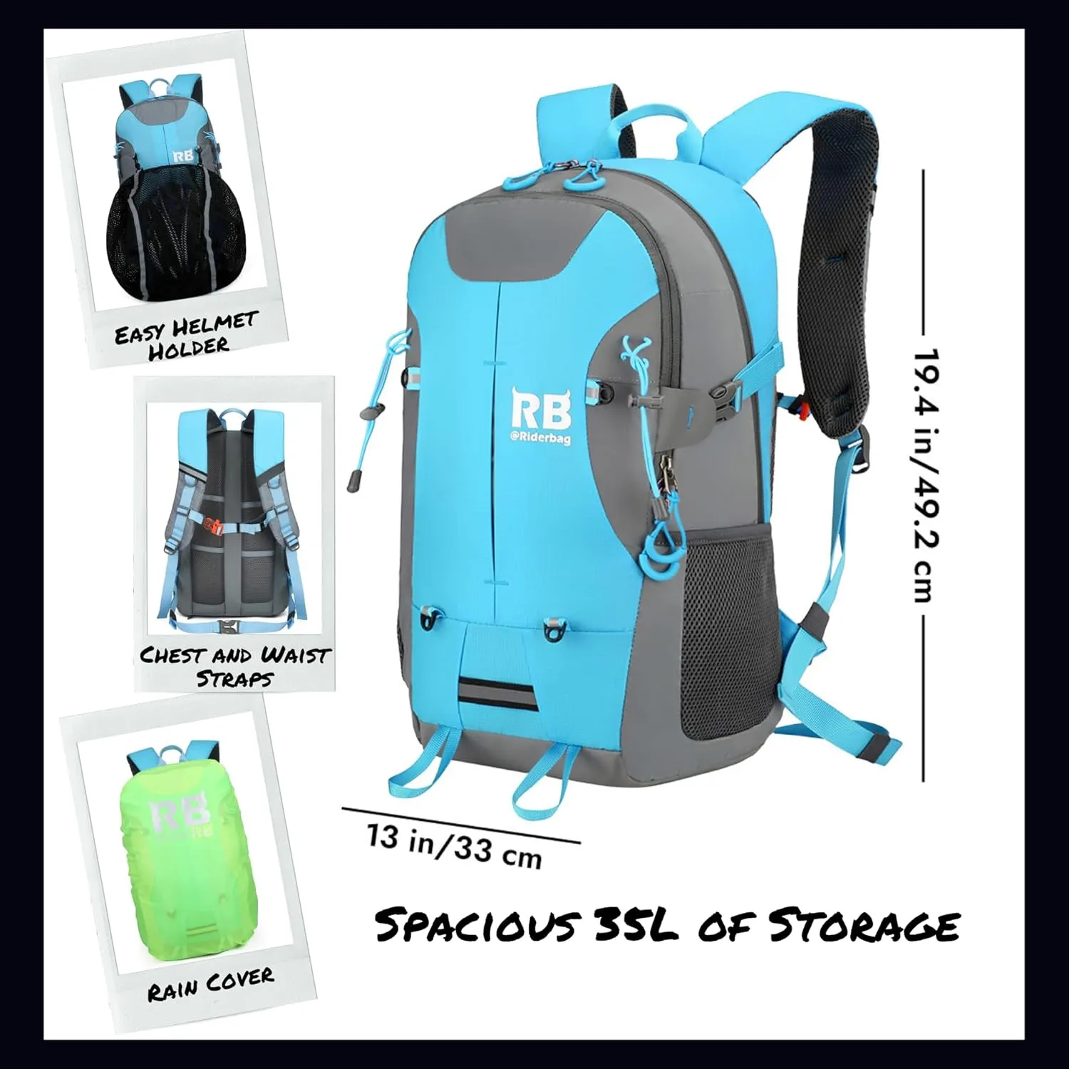 Reflective Motorcycle Backpack 35L, Lightweight Water-Resistant Daypack with Laptop Pocket for Commuting, Biking, and Daily Use – Light blue