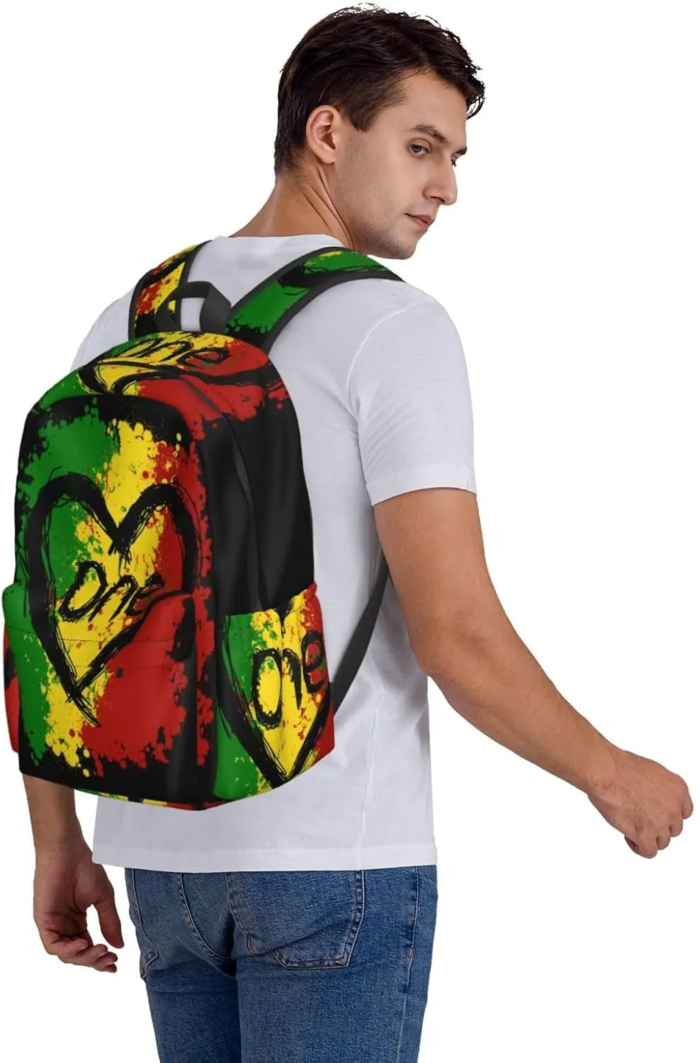 Reggae Heart One Loves Rasta Music Jamaica Backpack Casual Laptop Backpack Large Capacity Double Shoulder Bag Travel Daypack For Women Men
