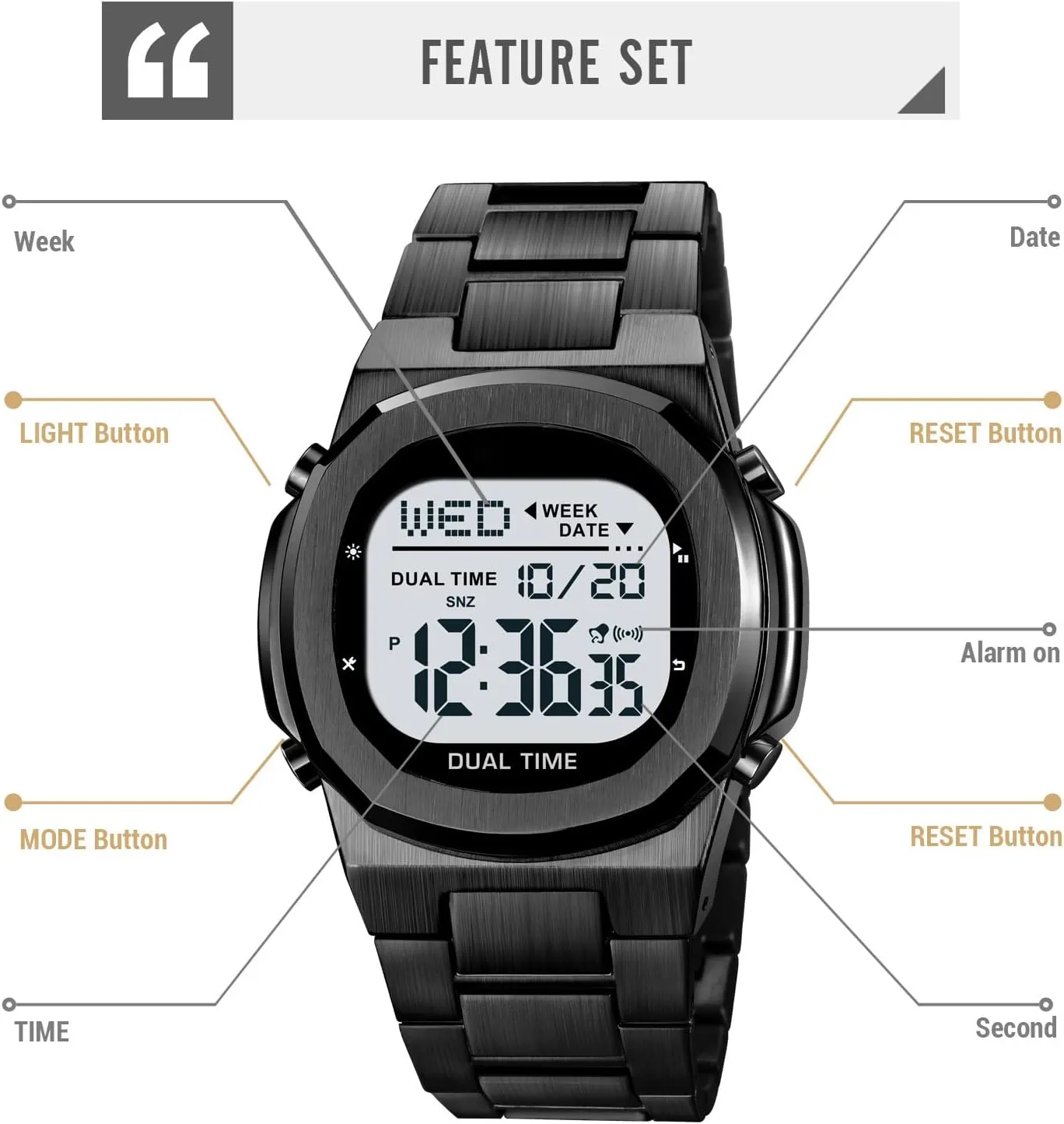 Reginald Men's Multifunctional Electronic Watch Outdoor Sports Watch LED Large Digital Display Timing Stainless Steel Watch