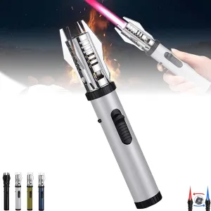 Repertoireof Camping Outdoor Windproof Straight Flame Lighter,Camping Straight Flame Lighter,Camping Outdoor Windproof Straight Flame Lighter,with Safety Lock,Adjustable Red/Blue Flame(Silver)