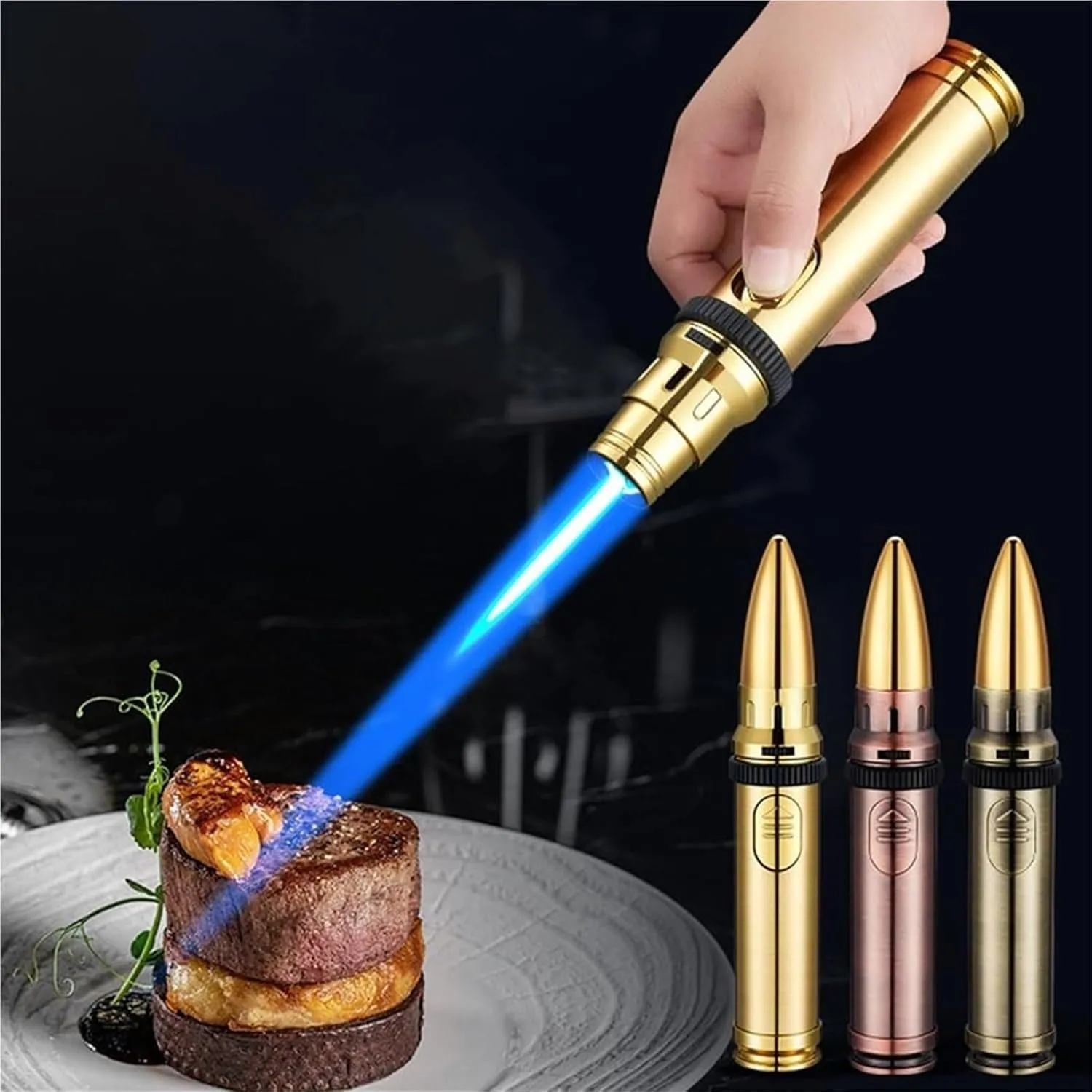 Retro Metal Straight Flame lighters, 360 Degree Inverted Ignition, 1300 Degree high Temperature Flame Windproof, Recyclable Gas Multifunctional Torch Lighter, (excluding Fuel)(Gold)