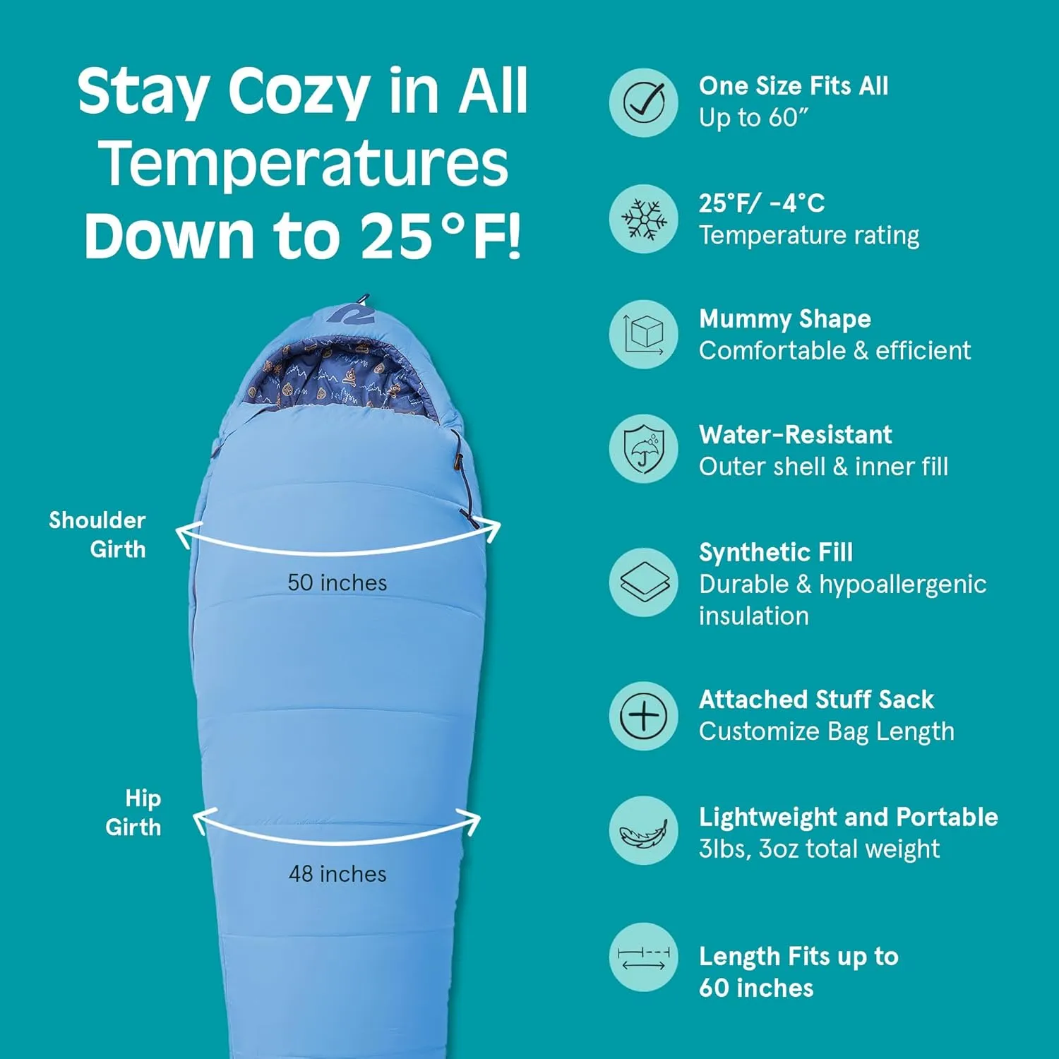 Retrospec Dream 25 Kids Mummy Sleeping Bag for Camping - Insulated, Water-Resistant, Lightweight