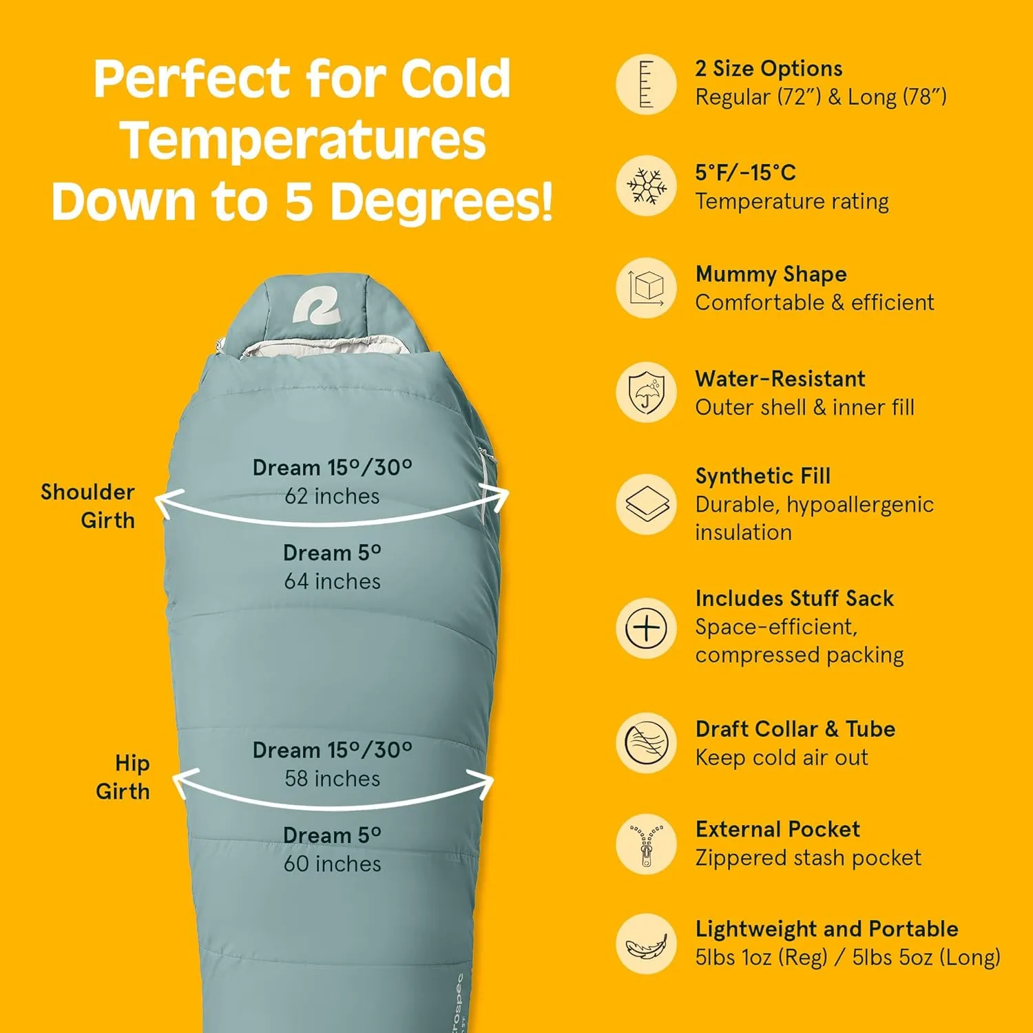 Retrospec Dream Sleeping Bag - 5, 15, 30 Mummy for Camping, Insulated Cold Weather, Lightweight Stuff Sack, Water-Resistant, Adjustable Draw Cords, Adult