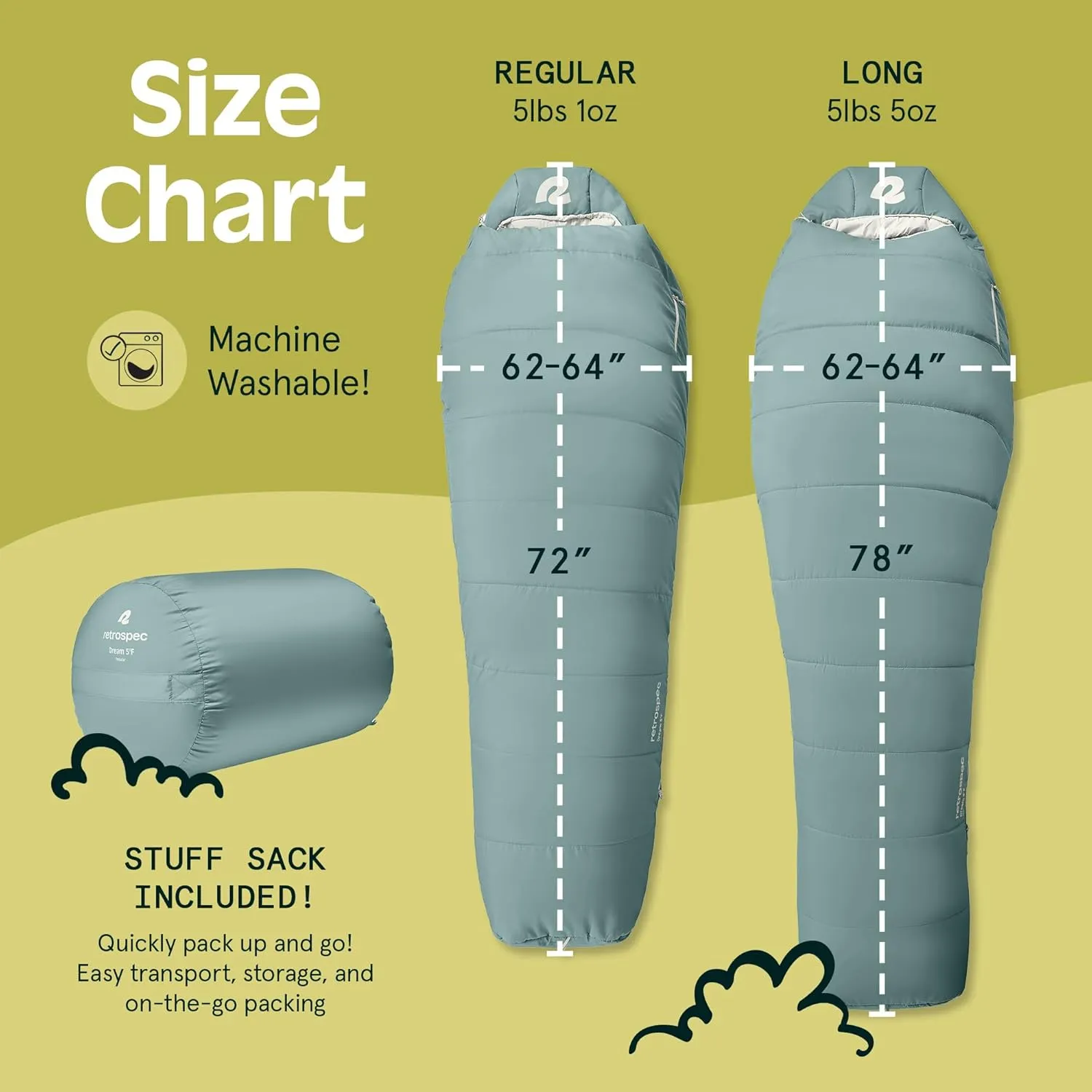 Retrospec Dream Sleeping Bag - 5, 15, 30 Mummy for Camping, Insulated Cold Weather, Lightweight Stuff Sack, Water-Resistant, Adjustable Draw Cords, Adult