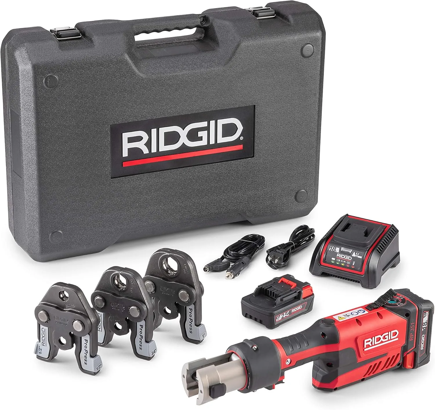 RIDGID 67183 Model RP 351 ProPress Standard Press Tool Kit with Battery, Charger, 1/2" to 1" Press Tool Jaws, and Carrying Case