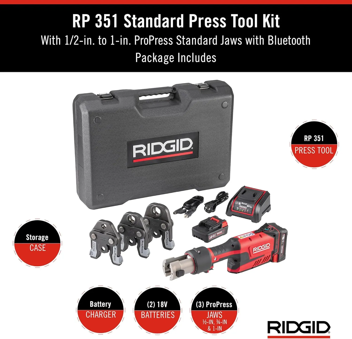 RIDGID 67183 Model RP 351 ProPress Standard Press Tool Kit with Battery, Charger, 1/2" to 1" Press Tool Jaws, and Carrying Case