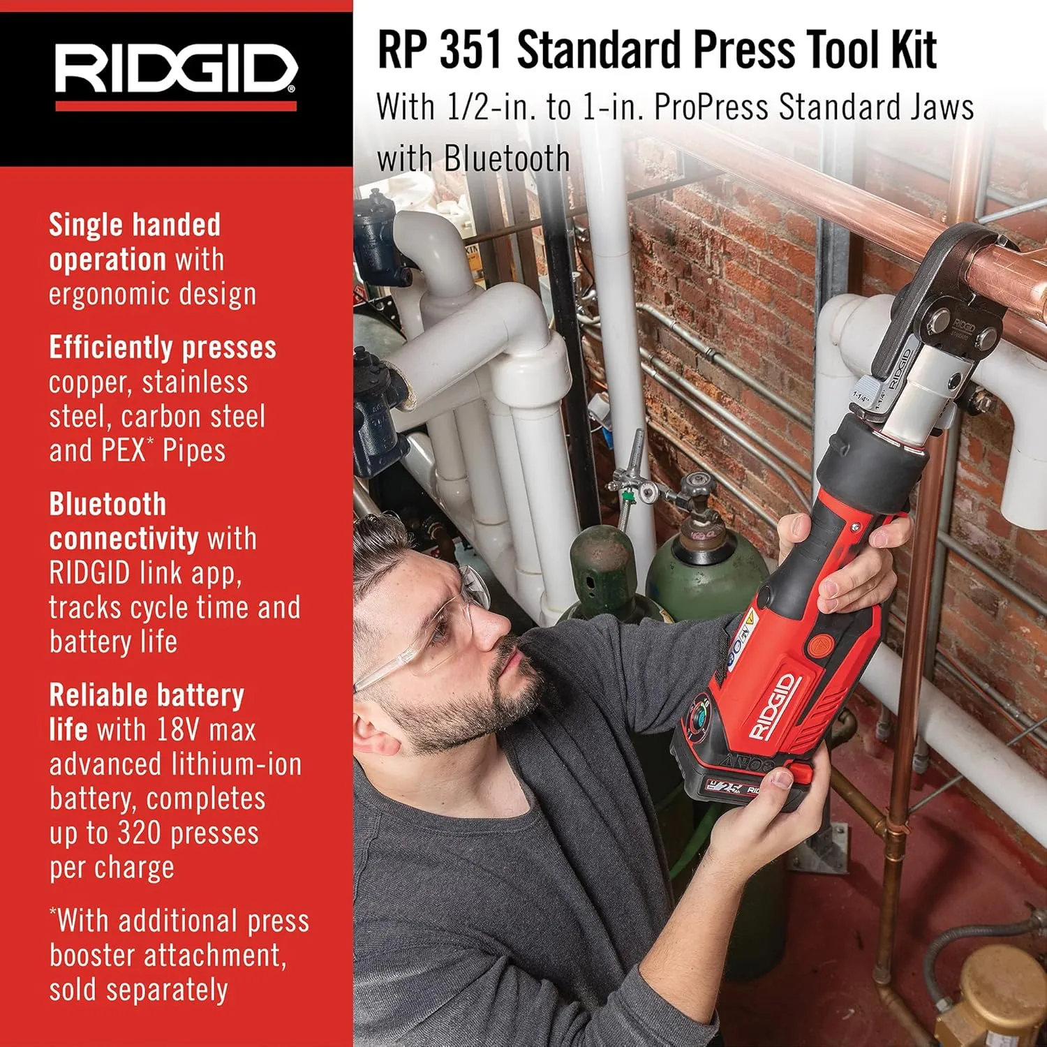RIDGID 67183 Model RP 351 ProPress Standard Press Tool Kit with Battery, Charger, 1/2" to 1" Press Tool Jaws, and Carrying Case