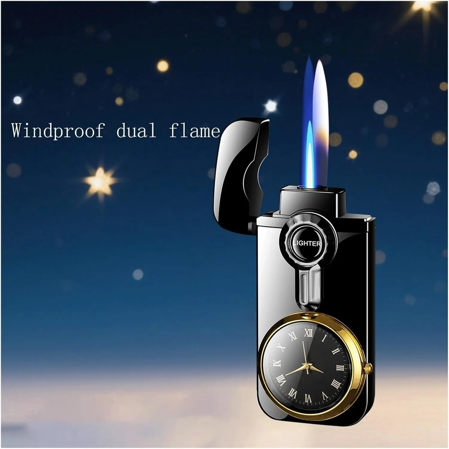 Rocker Arm Dual Flame Windproof Torch Lighter, Butane Refillable, Adjustable Flame, Metal Flip Cap Multi-Purpose Lighter for Candles and Daily Use,(Black 2)
