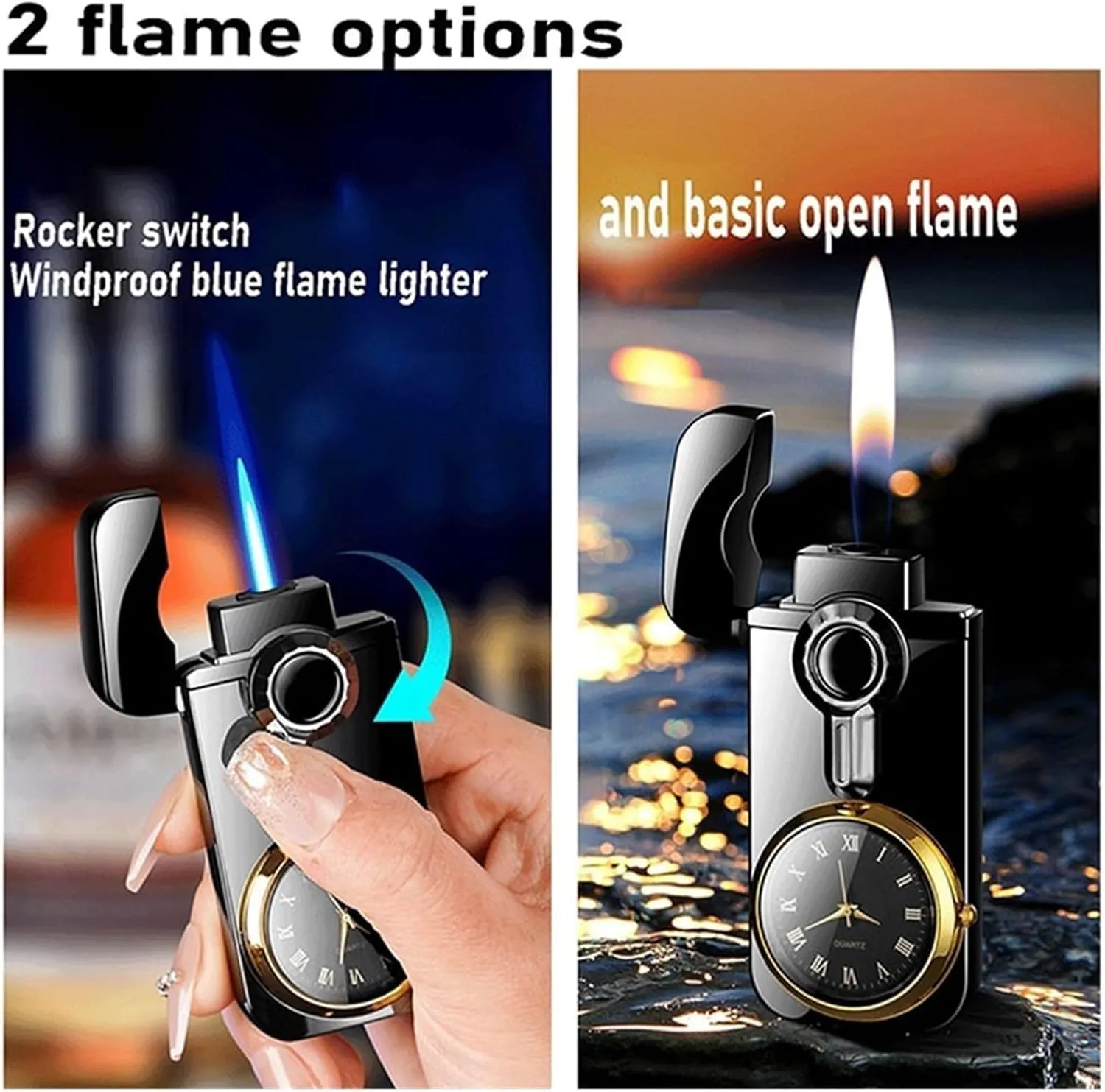 Rocker Arm Dual Flame Windproof Torch Lighter, Butane Refillable, Adjustable Flame, Metal Flip Cap Multi-Purpose Lighter for Candles and Daily Use,(Black 2)