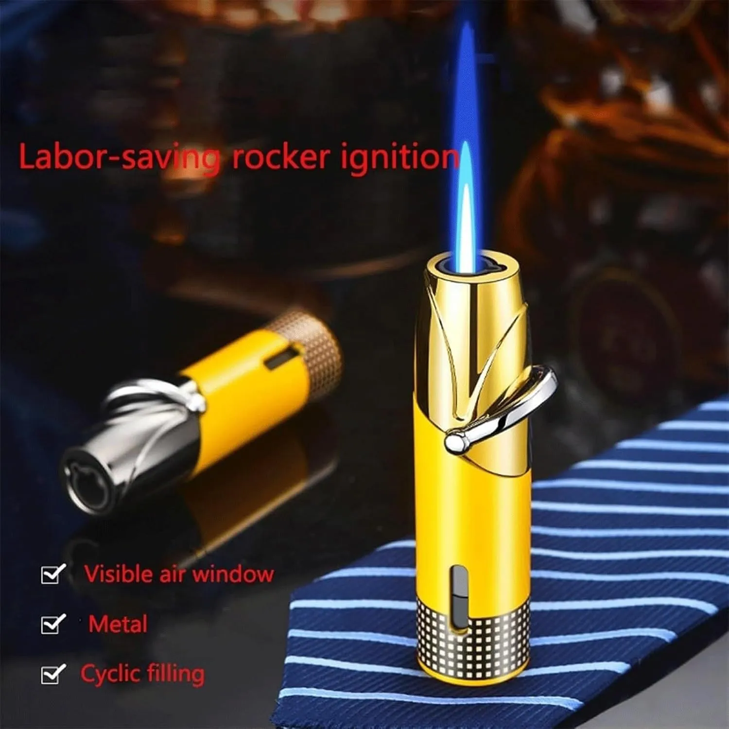 Rocker arm Lighter, Torch Lighter, Windproof Butane Gas Lighter, Portable Metal Lighter, Adjustable Flame and Inflatable Lighter for Candles, BBQ, Gifts (Fuel not Included)(Grayish Yellow)