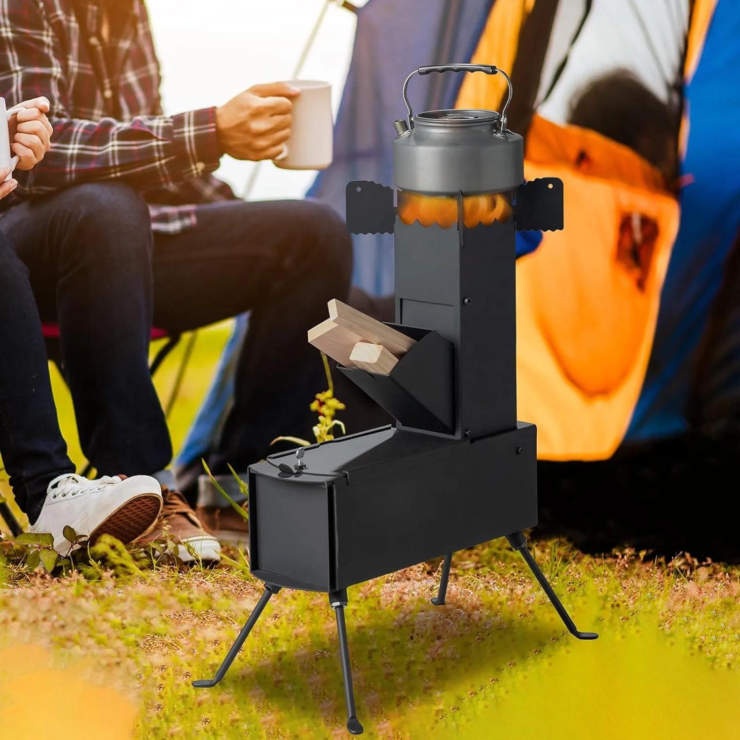 Rocket Stove with Pot Stand, Portable Camping Wood Stove with Carry Handle and Detachable Feet, Wood Burning Stove with Fire Pocker for Outdoor Heating, Cooking, Fishing, Hunting, Drying Clothes