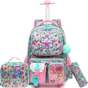 Rolling Backpack for Girls 8-12 Kids Rolling Backpack Carry on Luggage for Travel Rolling Backpack for School Elementary Student Kids Rolling Backpack with Lunch Box