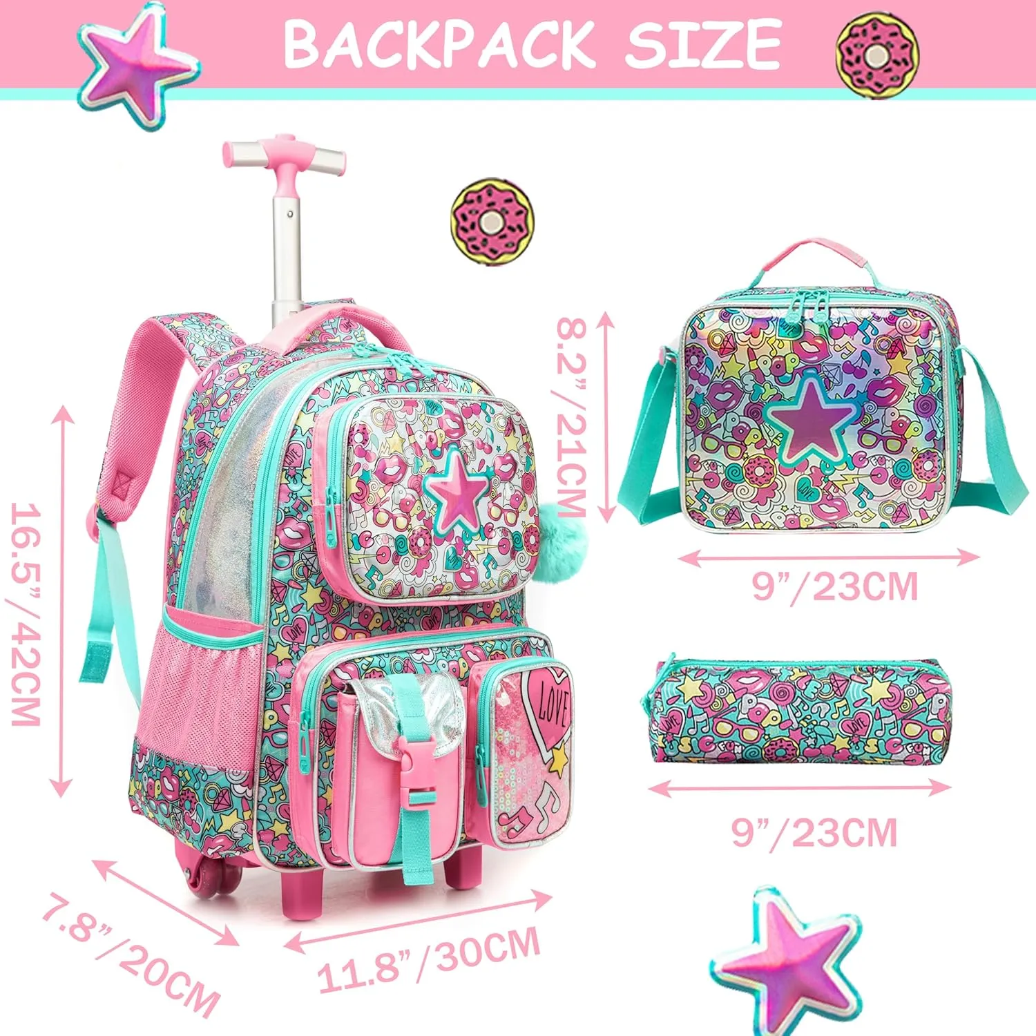 Rolling Backpack for Girls 8-12 Kids Rolling Backpack Carry on Luggage for Travel Rolling Backpack for School Elementary Student Kids Rolling Backpack with Lunch Box