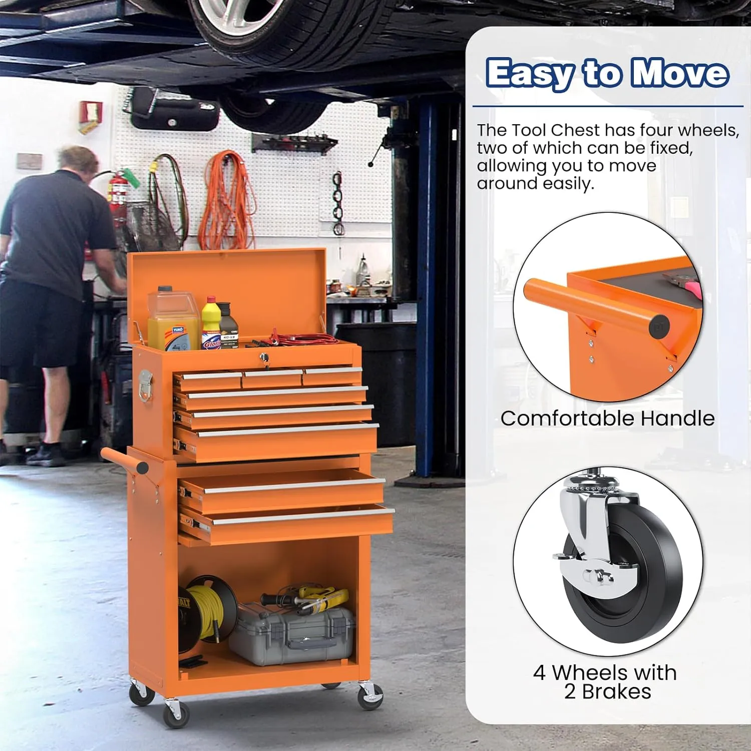 Rolling Tool Box with Wheels, 8-Drawer High Capacity Tool Chest with Drawers, Removable Storage Toolbox with Lock for Garage, Workshop
