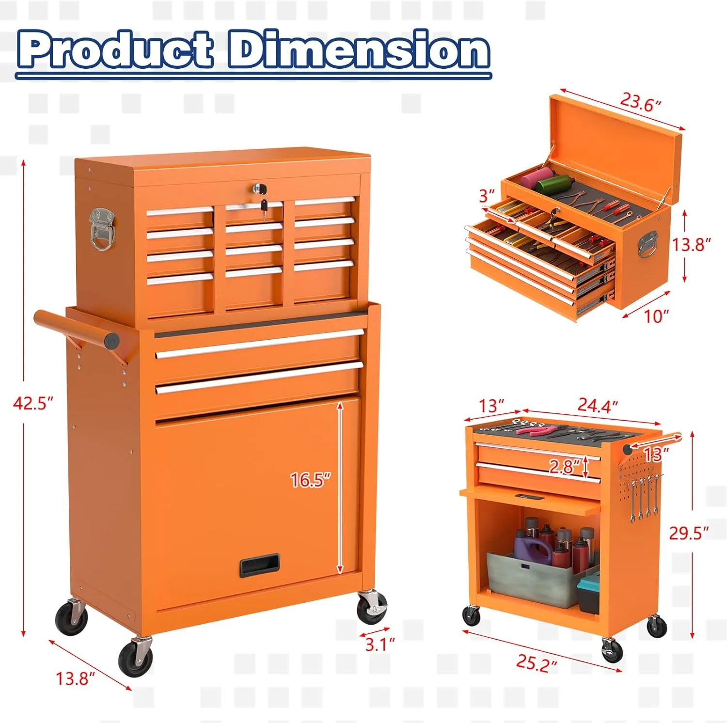Rolling Tool Box with Wheels, 8-Drawer High Capacity Tool Chest with Drawers, Removable Storage Toolbox with Lock for Garage, Workshop