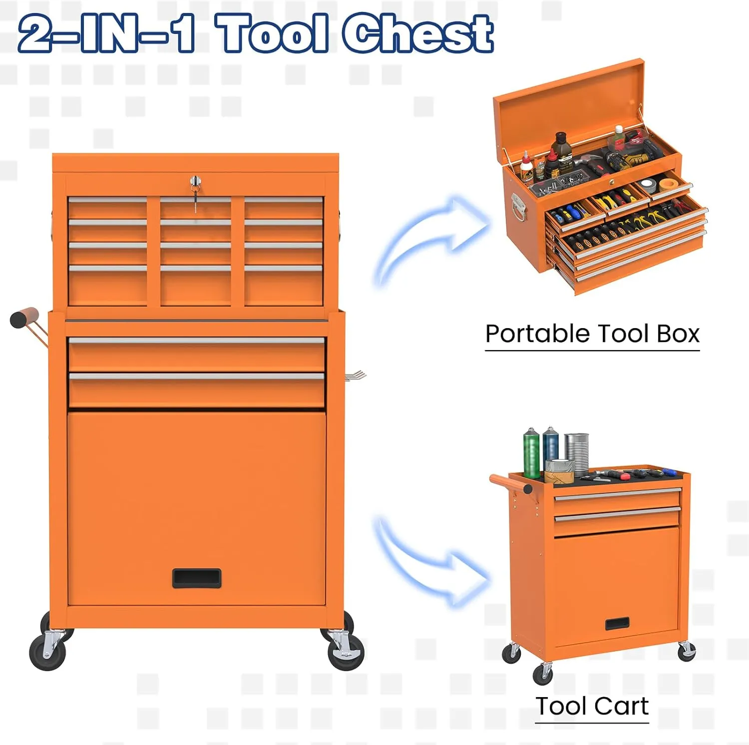 Rolling Tool Box with Wheels, 8-Drawer High Capacity Tool Chest with Drawers, Removable Storage Toolbox with Lock for Garage, Workshop