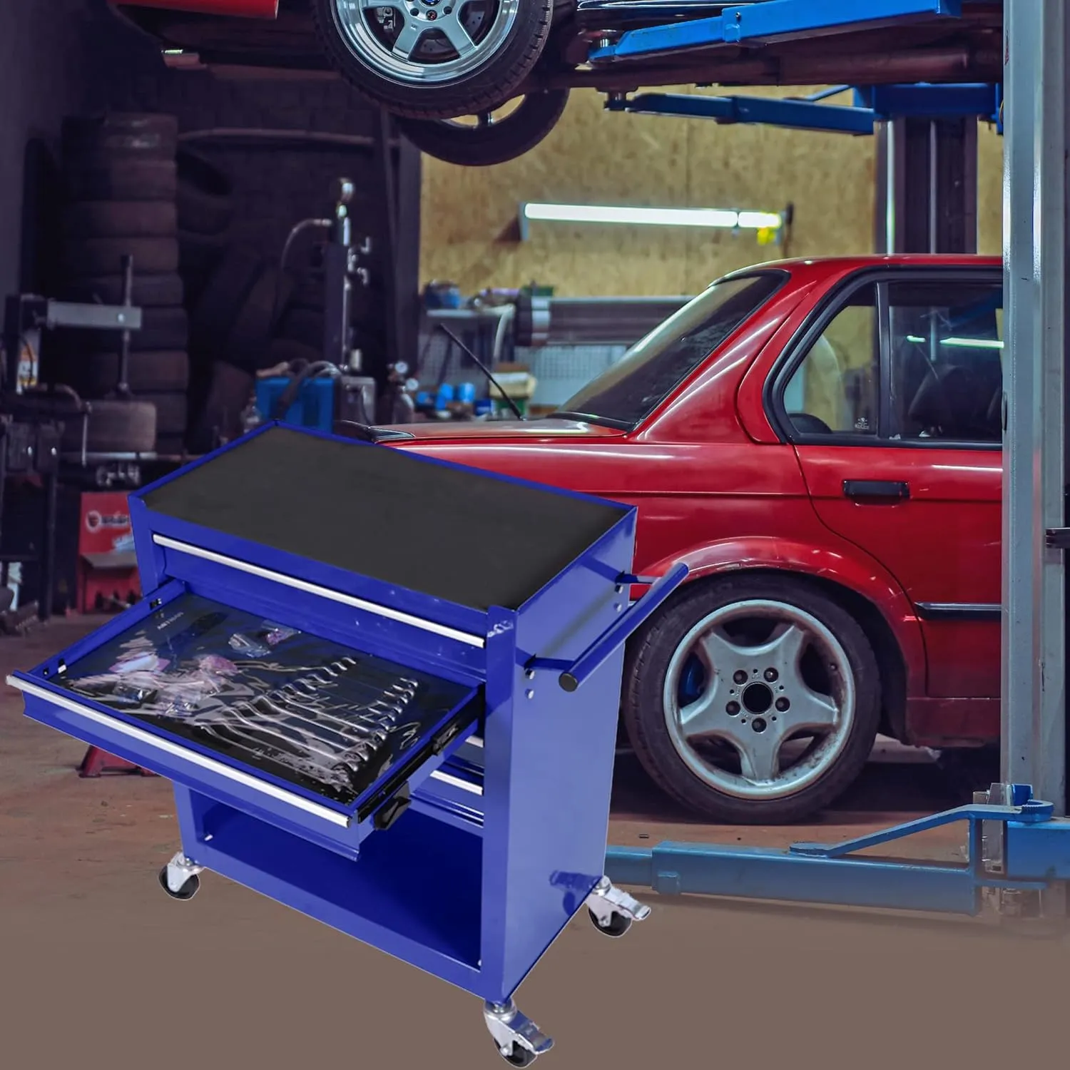 Rolling Tool Chest Metal Tool Box with Wheels Tool Cabinet Portable Tool Box with Wheels 4 Drawers Tool Cabinet with Tool Sets for Garage& Storehouse, Blue