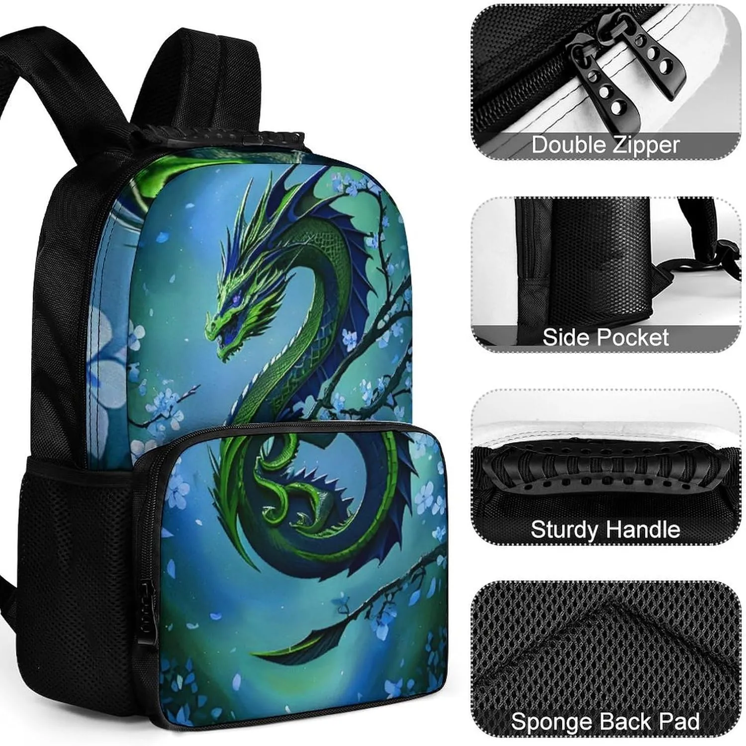 Romantic Dragon Cherry Flowers Art Rucksacks Polyester Anti-Theft Multipurpose Carry On Bag Large Capacity Gym Outdoor Hiking Backpack With Smooth Zippers