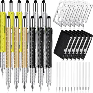 Sabary 36 Pcs Multitool Pen Gift Set for Men Including 12 Pcs 6 in 1 Tool Pen Bulk 12 Pcs Stainless Steel 11 in 1 Beer Opener Credit Card Tool and 12 Pcs Black Pen Refill (Fresh Color)