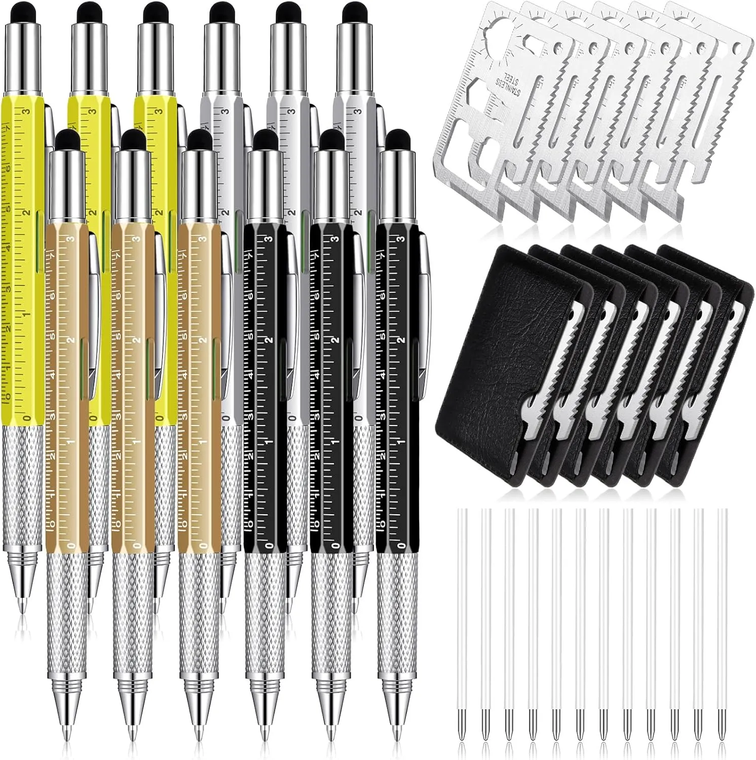 Sabary 36 Pcs Multitool Pen Gift Set for Men Including 12 Pcs 6 in 1 Tool Pen Bulk 12 Pcs Stainless Steel 11 in 1 Beer Opener Credit Card Tool and 12 Pcs Black Pen Refill (Fresh Color)