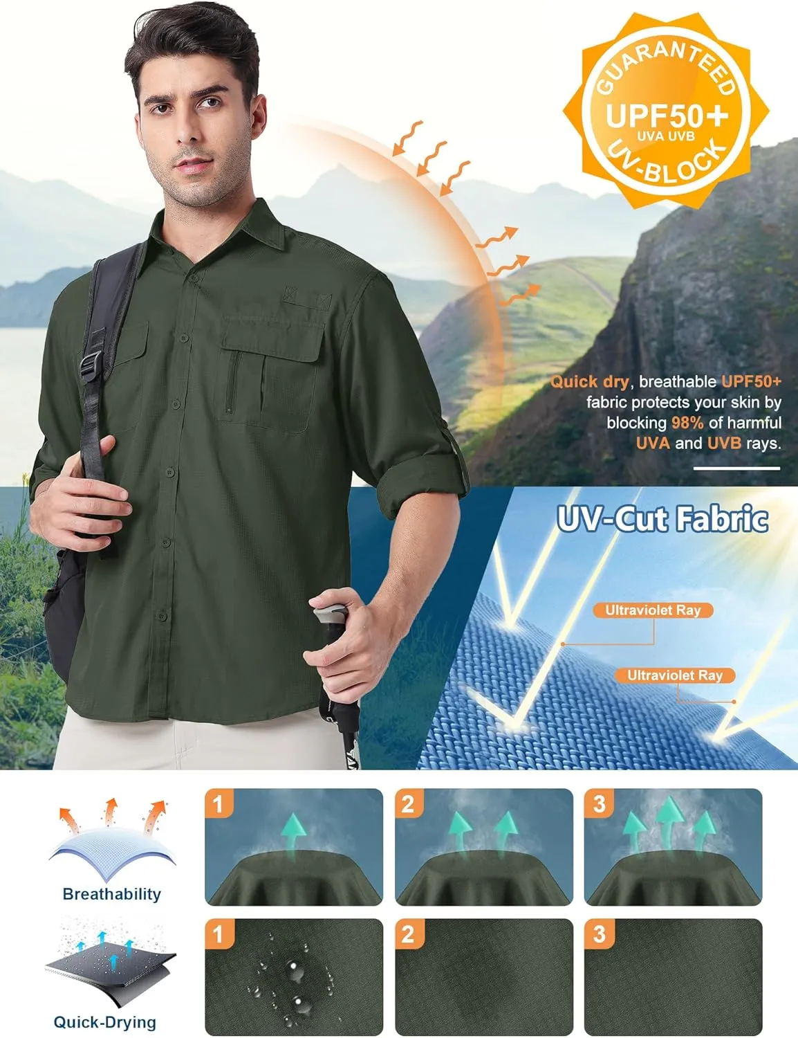 Safari Shirts for Men for Africa UV Sun Protection Lightweight Quick Dry Moisture Wicking for Hiking Fishing Travel Outdoor