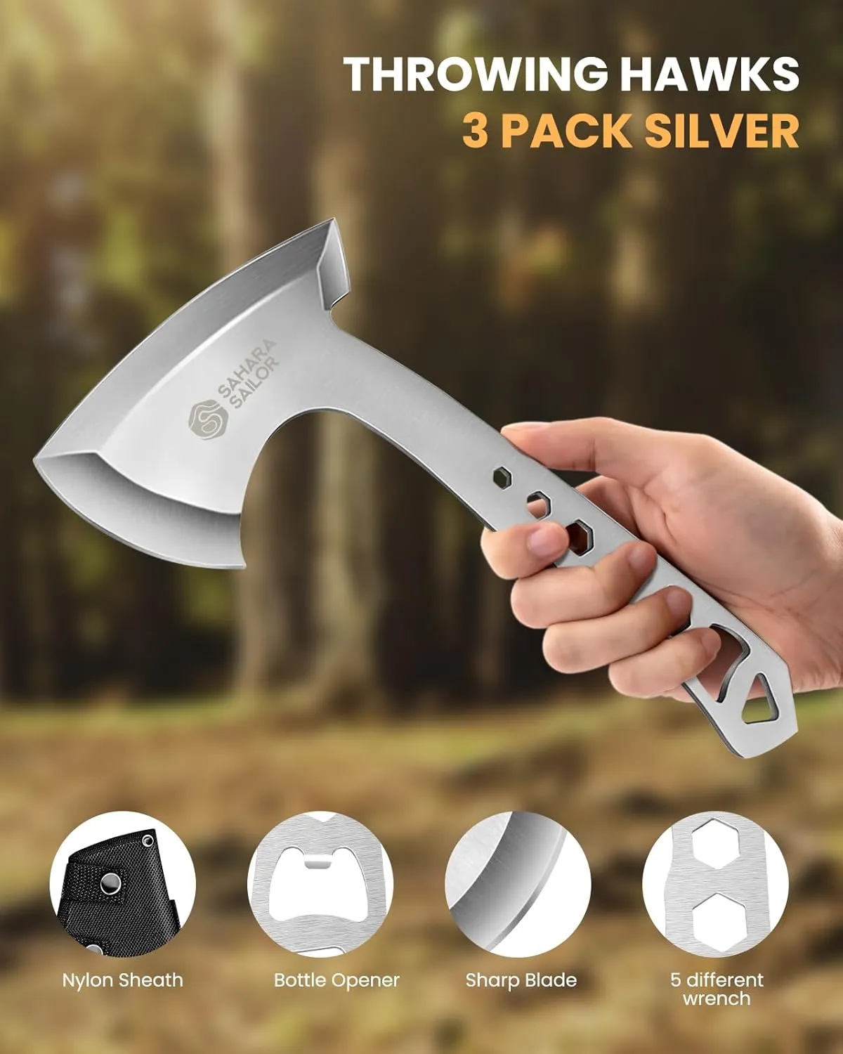 Sahara Sailor Throwing Axes, 3 Pack 10inch Throwing Axes and Tomahawks Set, with Bottle Openers, a Wrench and Nylon Sheath for Competiton and Recreation