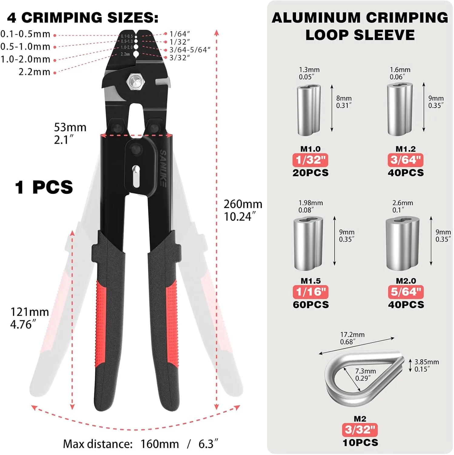 Sanuke Wire Rope Crimping Tool for 3/64 1/16 5/64 inch Aluminum Crimping Loop Sleeves Kit with 160pcs Aluminum Crimping Loop Sleeve and 10pcs Stainless Steel Thimble