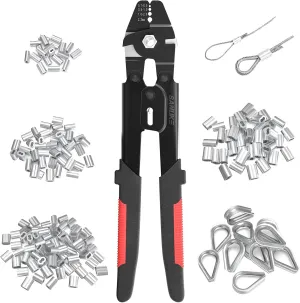 Sanuke Wire Rope Crimping Tool for 3/64 1/16 5/64 inch Aluminum Crimping Loop Sleeves Kit with 160pcs Aluminum Crimping Loop Sleeve and 10pcs Stainless Steel Thimble