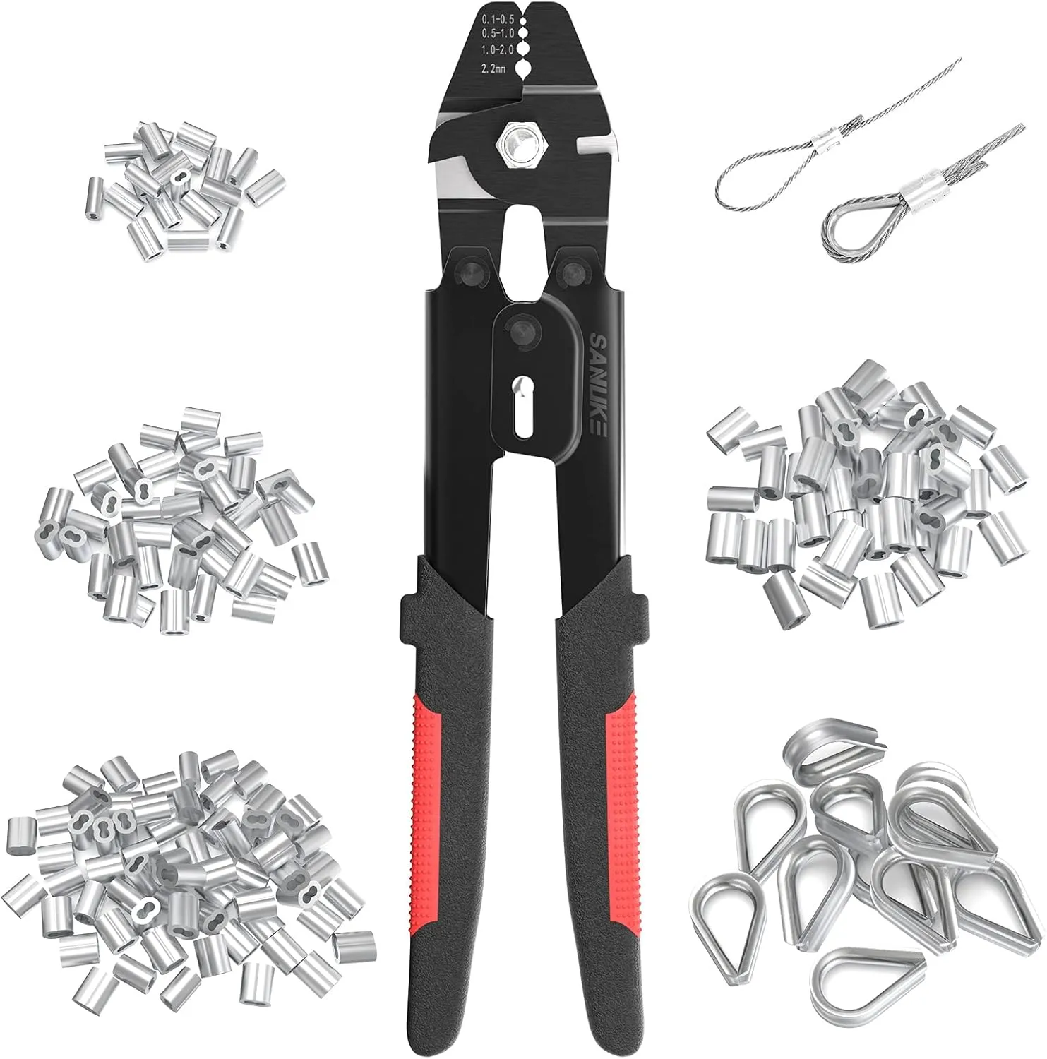 Sanuke Wire Rope Crimping Tool for 3/64 1/16 5/64 inch Aluminum Crimping Loop Sleeves Kit with 160pcs Aluminum Crimping Loop Sleeve and 10pcs Stainless Steel Thimble