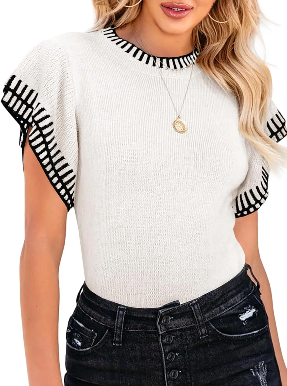 Saodimallsu Womens Short Sleeve Sweaters Tops Summer Ruffle Striped Loose Crew Neck Lightweight Soft Shirts Knit Sweater