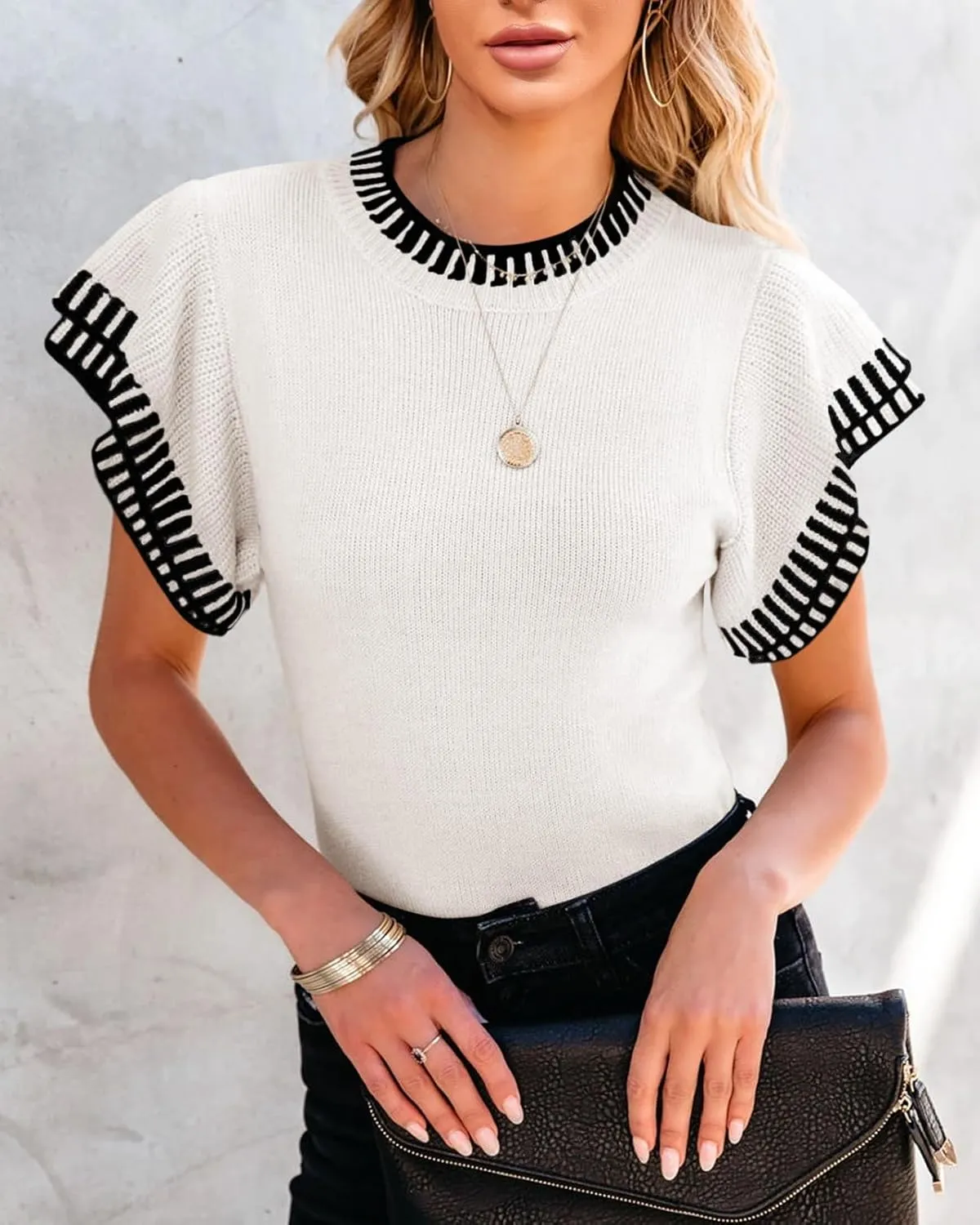 Saodimallsu Womens Short Sleeve Sweaters Tops Summer Ruffle Striped Loose Crew Neck Lightweight Soft Shirts Knit Sweater