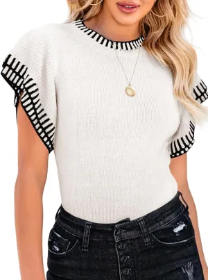 Saodimallsu Womens Short Sleeve Sweaters Tops Summer Ruffle Striped Loose Crew Neck Lightweight Soft Shirts Knit Sweater