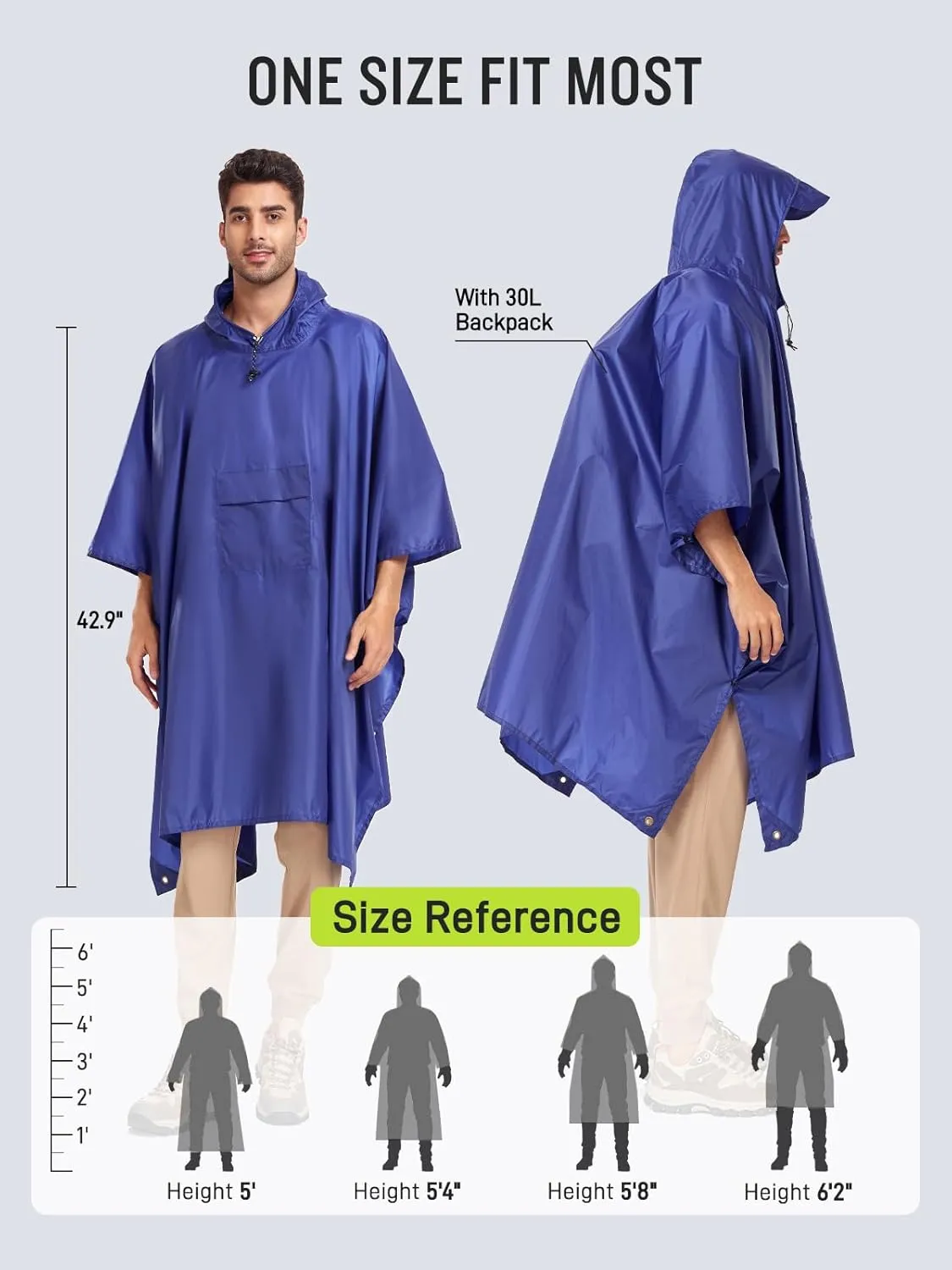 SaphiRose Extra Thick Hooded Rain Poncho Double Layer Waterproof Raincoat Jacket for Men Women Adults