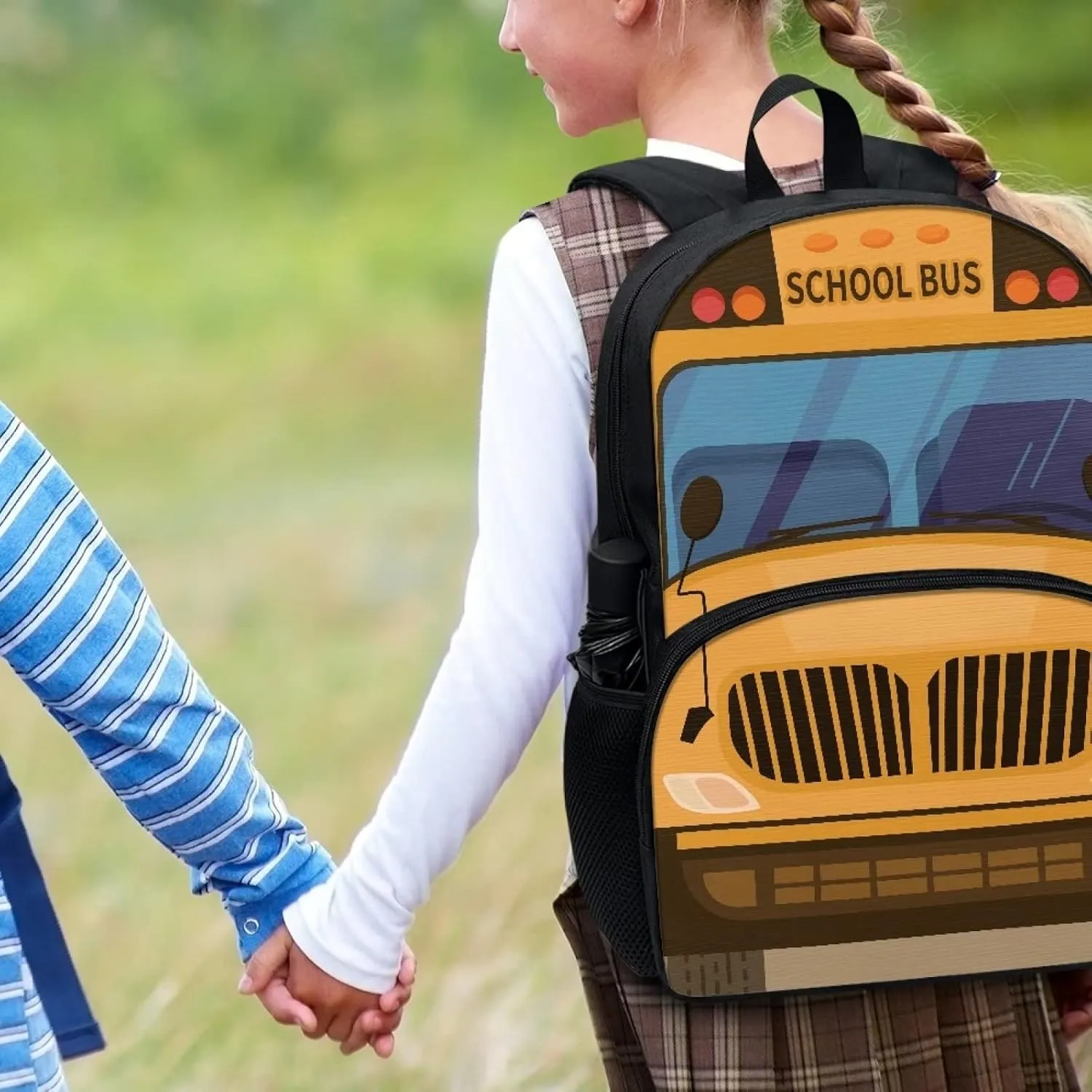 School Bus Print Backpacks for Boys Girls Durable Soft Padded Back Lightweight School Bookbag Kids Student Campus Travel Large Capacity 17 Inch Cute Backpack with Front Pocket
