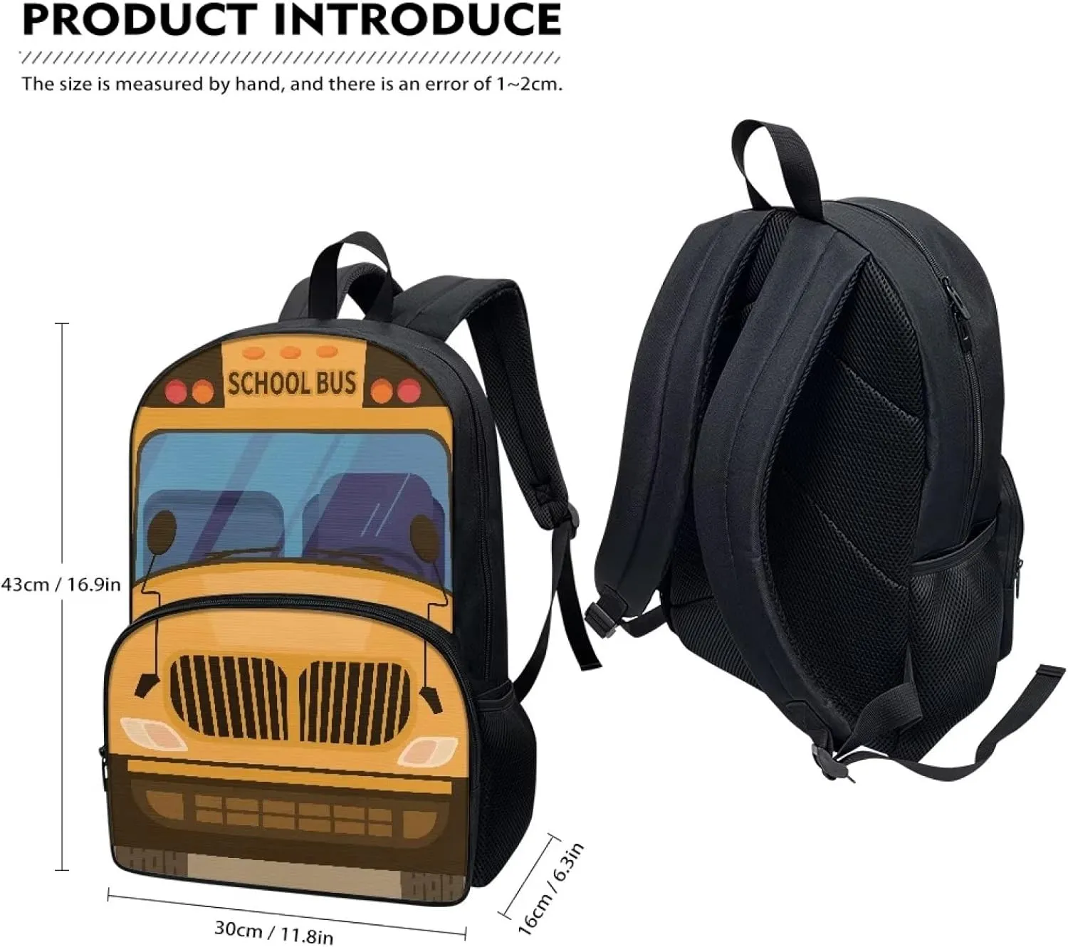 School Bus Print Backpacks for Boys Girls Durable Soft Padded Back Lightweight School Bookbag Kids Student Campus Travel Large Capacity 17 Inch Cute Backpack with Front Pocket