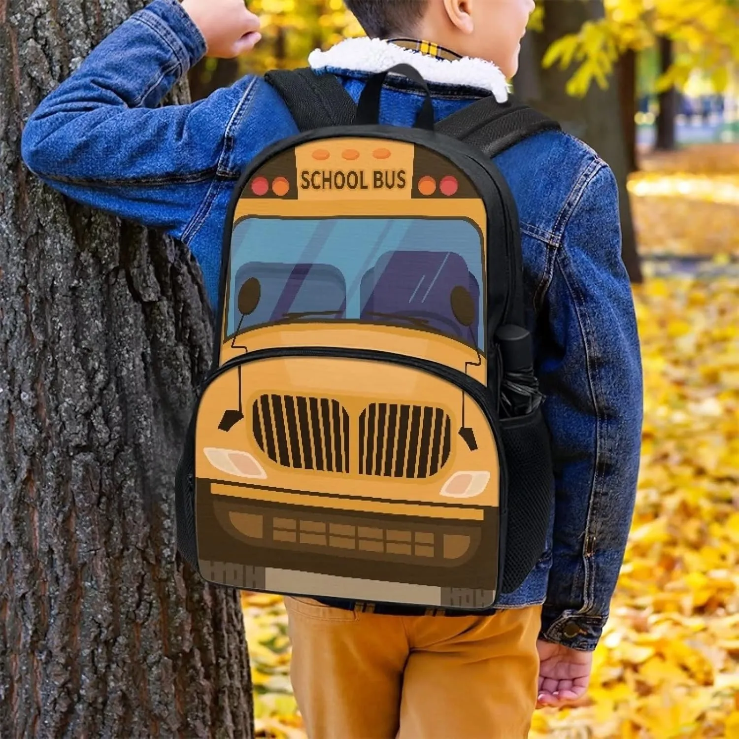 School Bus Print Backpacks for Boys Girls Durable Soft Padded Back Lightweight School Bookbag Kids Student Campus Travel Large Capacity 17 Inch Cute Backpack with Front Pocket