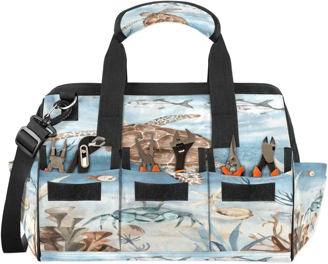 Sea Turtle Algae Fish Starfish Tool Bag for Men Women Heavy Duty Multi-Pockets Wide Mouth Tool Tote Waterproof Tool Bag Organizer with Adjustable Shoulder Strap