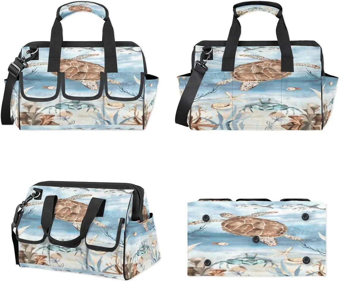 Sea Turtle Algae Fish Starfish Tool Bag for Men Women Heavy Duty Multi-Pockets Wide Mouth Tool Tote Waterproof Tool Bag Organizer with Adjustable Shoulder Strap