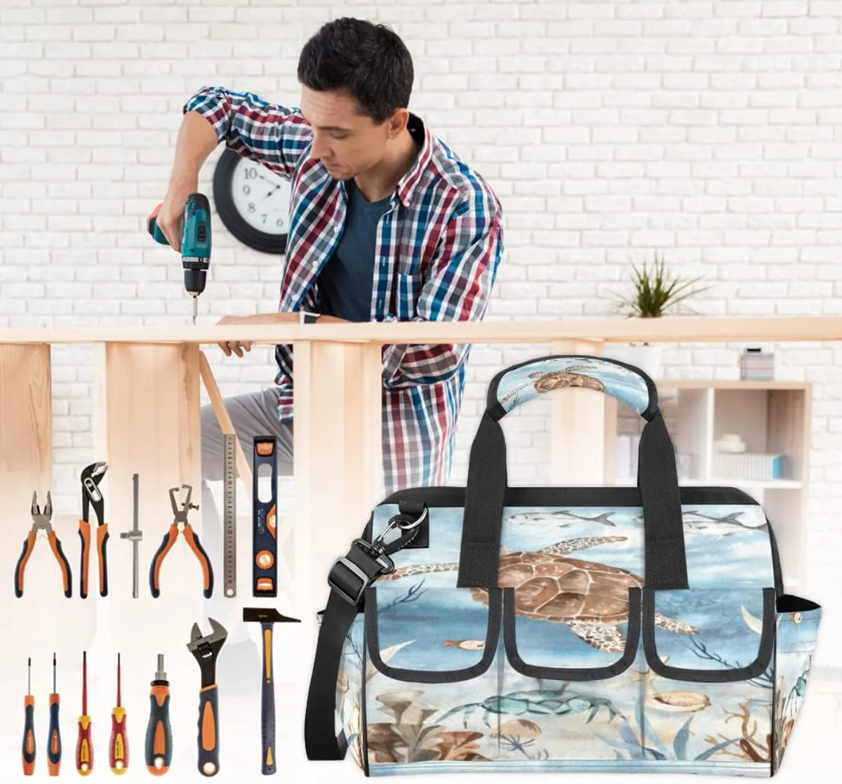 Sea Turtle Algae Fish Starfish Tool Bag for Men Women Heavy Duty Multi-Pockets Wide Mouth Tool Tote Waterproof Tool Bag Organizer with Adjustable Shoulder Strap