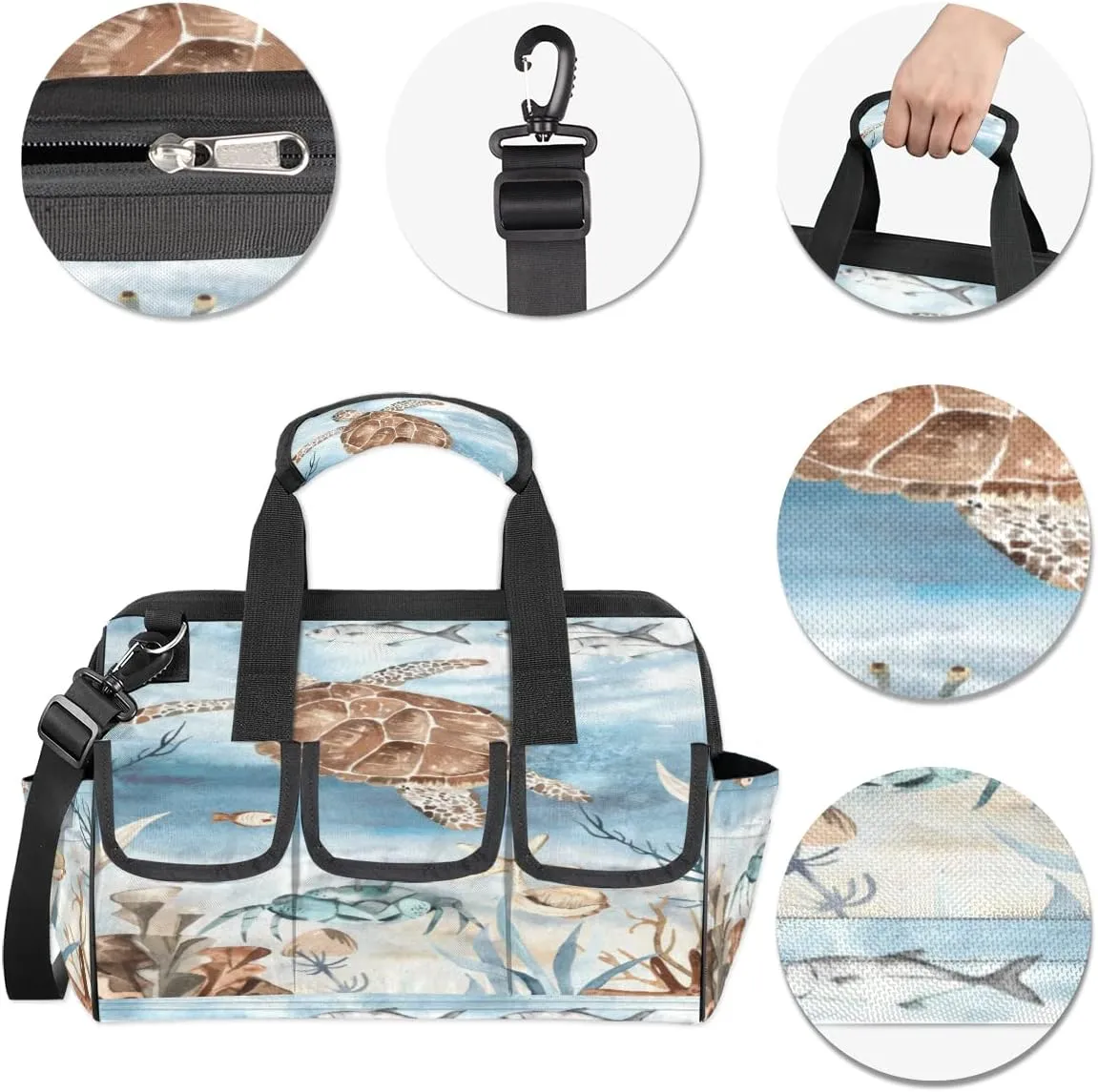 Sea Turtle Algae Fish Starfish Tool Bag for Men Women Heavy Duty Multi-Pockets Wide Mouth Tool Tote Waterproof Tool Bag Organizer with Adjustable Shoulder Strap
