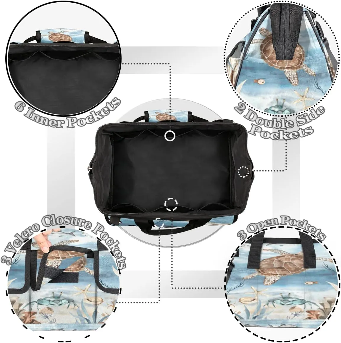 Sea Turtle Algae Fish Starfish Tool Bag for Men Women Heavy Duty Multi-Pockets Wide Mouth Tool Tote Waterproof Tool Bag Organizer with Adjustable Shoulder Strap
