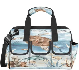 Sea Turtle Algae Fish Starfish Tool Bag for Men Women Heavy Duty Multi-Pockets Wide Mouth Tool Tote Waterproof Tool Bag Organizer with Adjustable Shoulder Strap