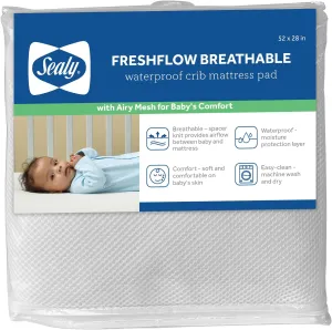 Sealy Baby FreshFlow Breathable Fitted Waterproof Infant Crib Mattress Protector Pad and Toddler Bed Cover, Comfortable Topper with 3D Mesh, Machine Washable & Dryer Friendly, 52” x 28”- White