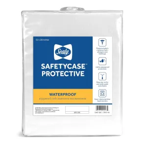 Sealy Baby SafetyCase Protective Waterproof Fitted Zippered Infant Crib Mattress Protector Pad and Toddler Bed Cover Encasement, Bug and Allergy Protection, Machine Washable, 52” x 28”- White