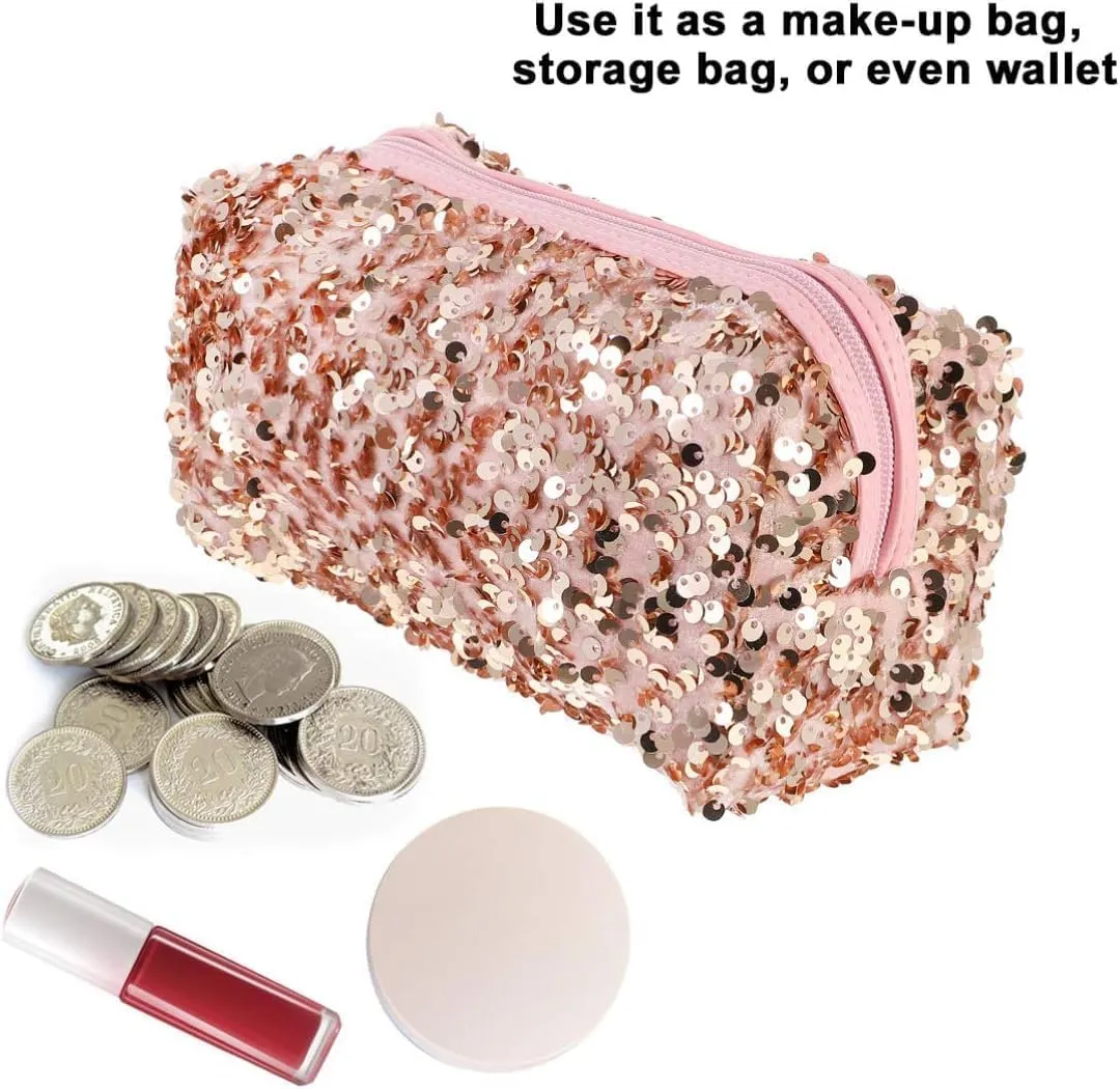 Sequin Cosmetic Bag Portable Glitter Makeup Zipper Toiletry Sequin Organizer for Women Girls