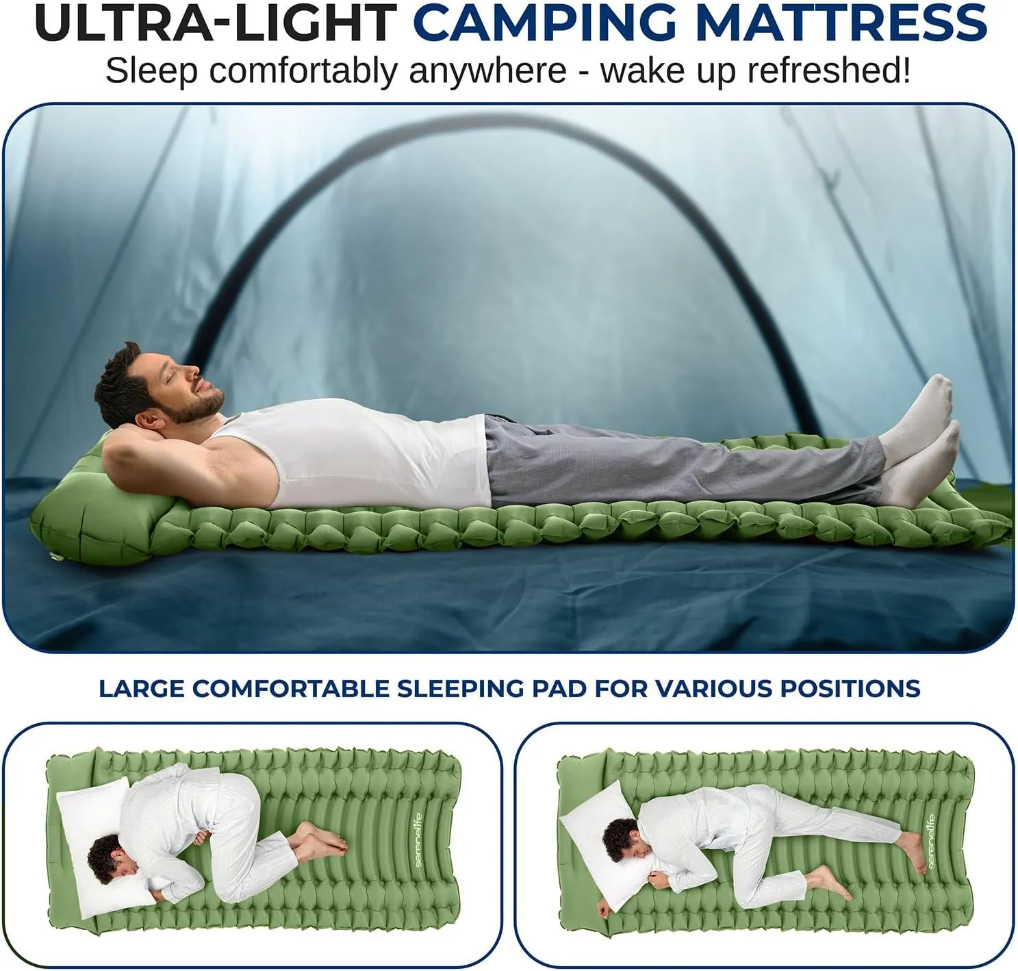 SereneLife Lightweight & Compact Camping Gear – Sleeping Pads & Bags with Built-in Pillows for Outdoor Comfort, Waterproof & Tear-Resistant Design, Perfect for Hiking, Backpacking, Couples & Solo Use