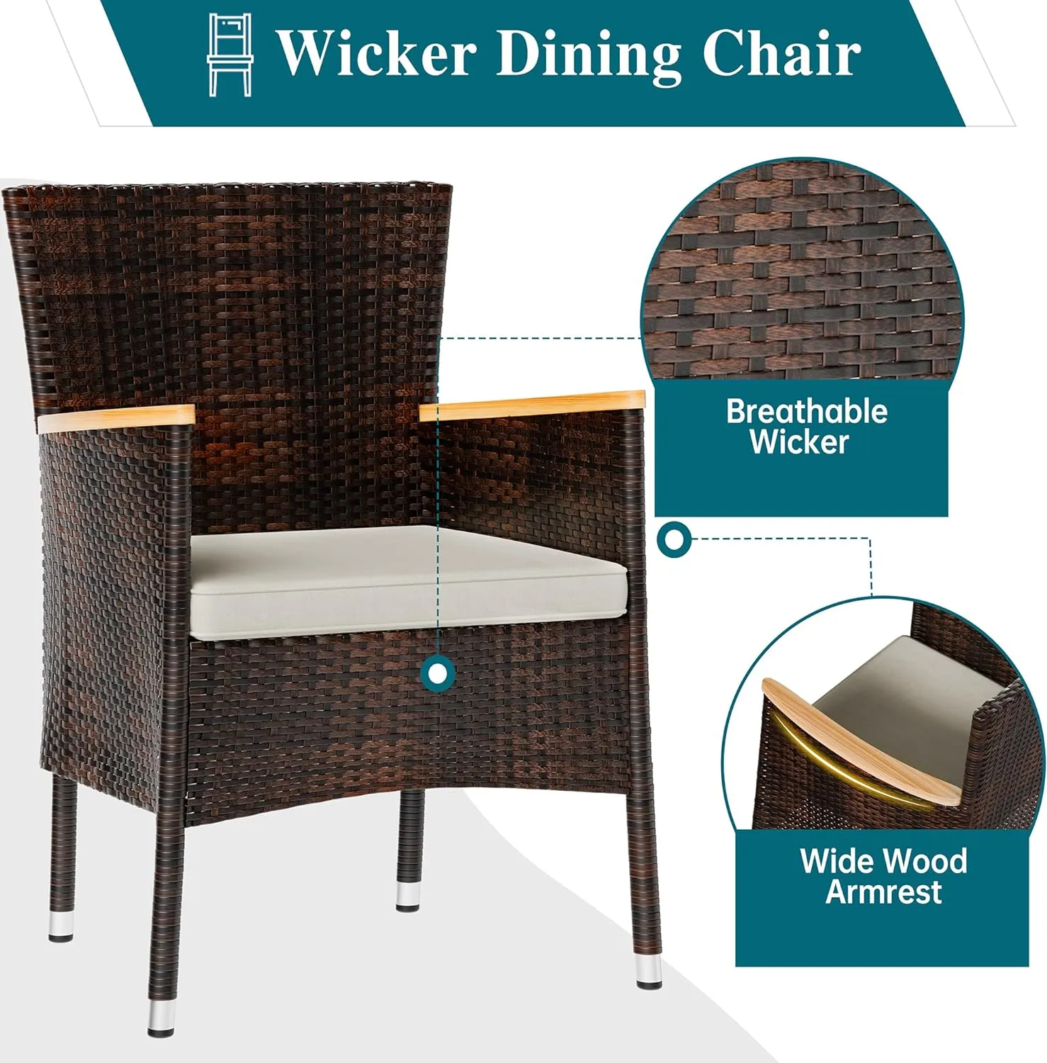Shintenchi 7 Pieces Patio Dining Set, Wicker Patio Conversation Set with Wooden Table Top, Outdoor Table and Chairs with Soft Cushions for Backyard, Deck and Garden, Brown Rattan