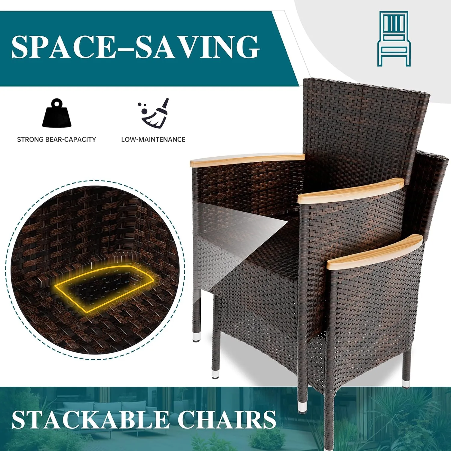 Shintenchi 7 Pieces Patio Dining Set, Wicker Patio Conversation Set with Wooden Table Top, Outdoor Table and Chairs with Soft Cushions for Backyard, Deck and Garden, Brown Rattan